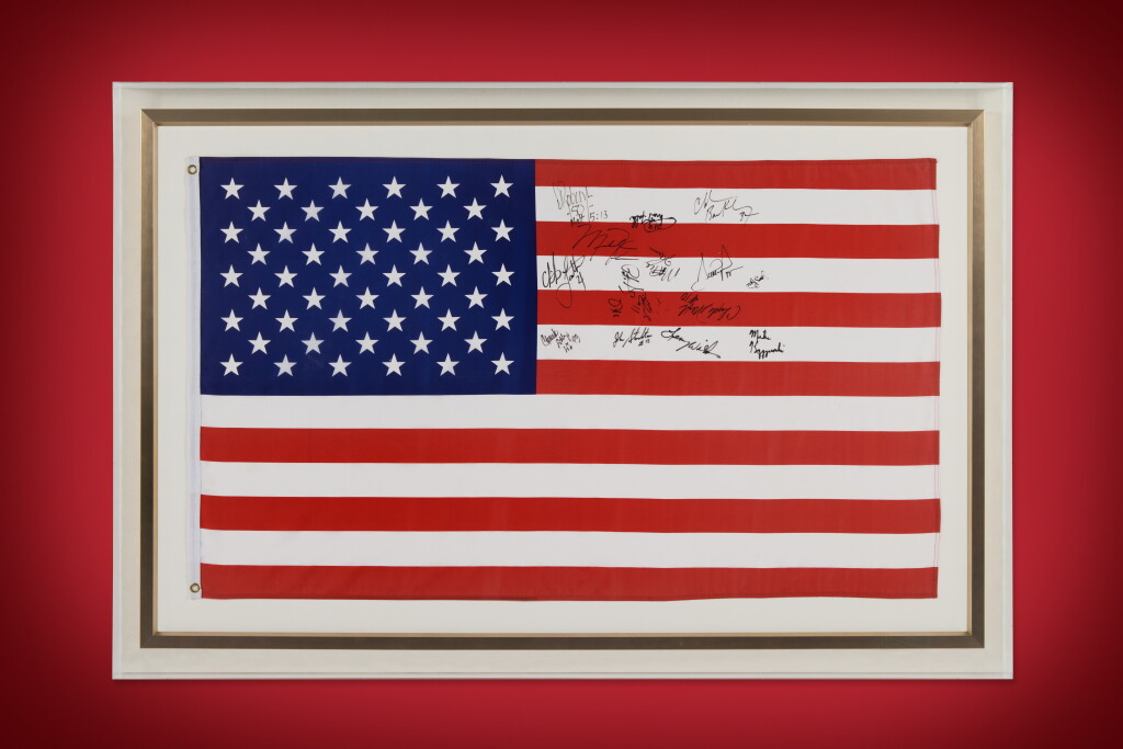 View full screen - View 1 of Lot 2. Michael Jordan 1992 Summer Olympics Gold Medal Ceremony Worn & Signed ‘Dream Team’ American Flag.