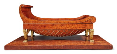 View full screen - View 1 of Lot 144. A TUSCAN NEOCLASSICAL BURR MAPLE AND PARCEL GILT DAYBED ON PLINTH, PROBABLY LUCCA, CIRCA 1820.