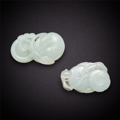 View full screen - View 1 of Lot 6917. Two pale celadon jade pendants, Qing dynasty, 19th century | 清十九世紀 青白玉靈芝珮 及 青白玉事事如意珮.