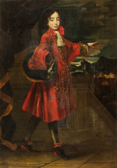 View full screen - View 1 of Lot 38. Portrait of a young man with a red coat | Portrait d'un jeune homme en habit rouge.