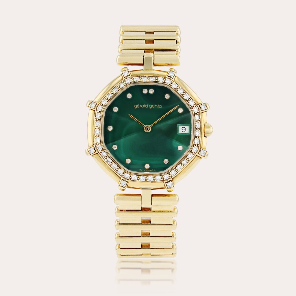 View full screen - View 1 of Lot 404. Reference G2850.7 Montre bracelet en or jaune et sertie de diamants avec date et cadran malachite | Yellow gold and diamond-set wristwatch with date, malachite dial and bracelet Vers 1991 | Circa 1991.