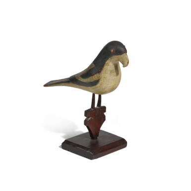 View full screen - View 1 of Lot 186. Blue and White Polychrome Paint-Decorated and Carved Wooden Parrot on Pedestal, Virginville Carver, Berks County, Pennsylvania, Circa 1900.