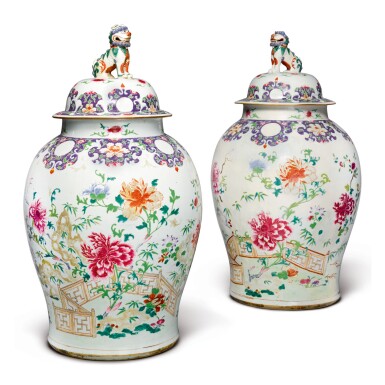 View full screen - View 1 of Lot 1896. A PAIR OF MASSIVE CHINESE FAMILLE-ROSE BALUSTER JARS AND COVERS, QING DYNASTY, QIANLONG PERIOD | 清乾隆 粉彩花卉圖大罐一對.