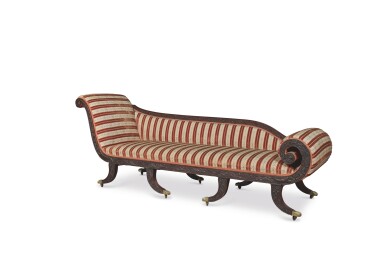 View full screen - View 1 of Lot 1750. EXCEPTIONAL CLASSICAL CARVED MAHOGANY 'RECAMIER' SOFA, CARVING ATTRIBUTED TO SAMUEL FIELD MCINTIRE, SALEM, MASSACHUSETTS, CIRCA 1805.