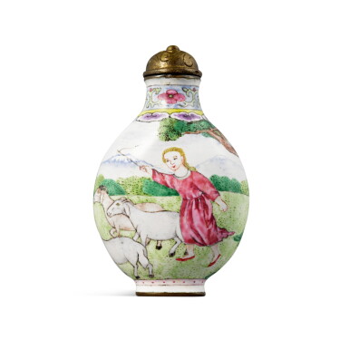 View full screen - View 1 of Lot 232. A Canton enamel 'European subject' snuff bottle, Mark and period of Qianlong | 清乾隆 銅胎畫琺瑯西洋人物圖鼻烟壺 《乾隆年製》款.