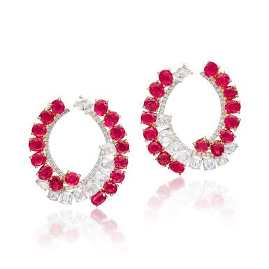 View full screen - View 1 of Lot 1806. PAIR OF RUBY AND DIAMOND EARRINGS | 天然 「緬甸」未經加熱紅寶石 配 鑽石 耳環一對.