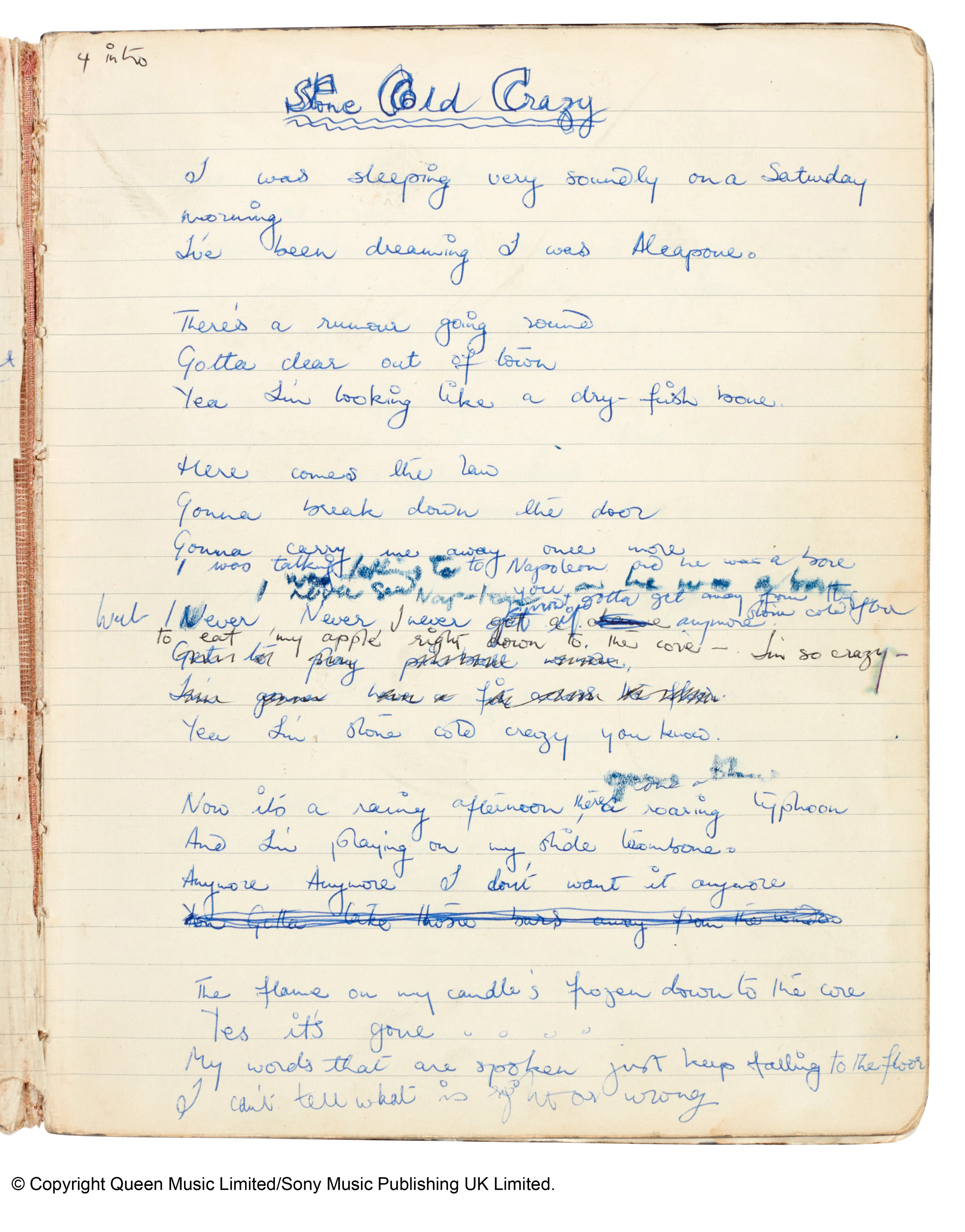 Freddie Mercury | Notebook with working lyrics, early 1970s | Freddie ...