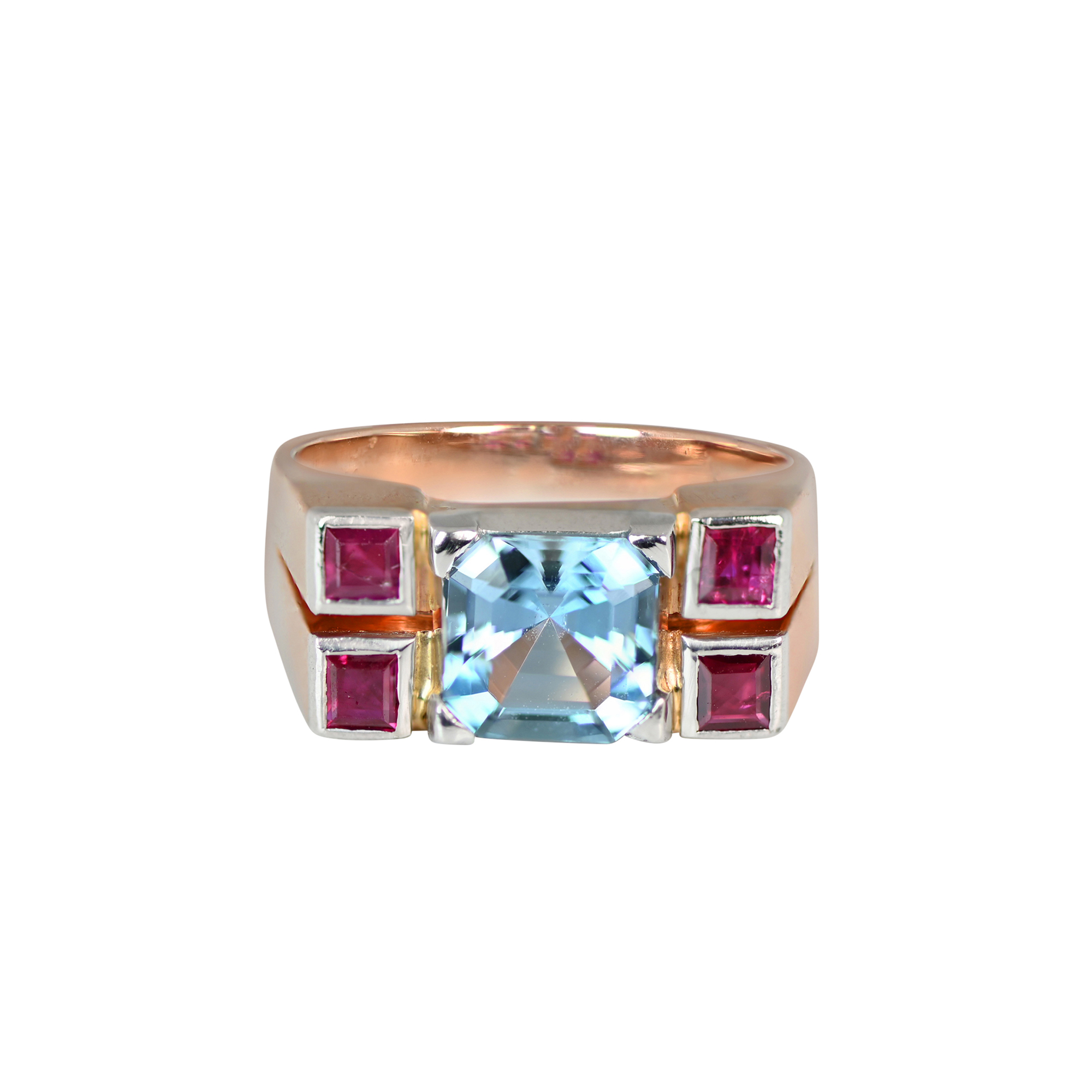 White Gold, Rose Gold, Aquamarine and Ruby Ring