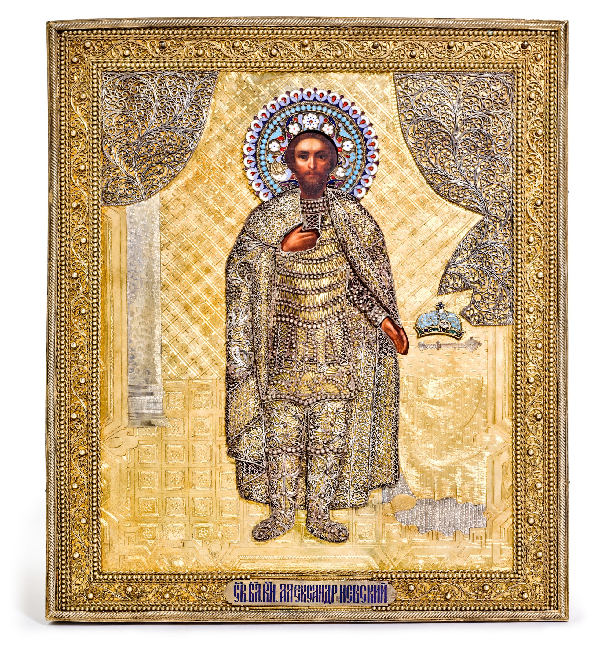 Stepanov Icon A silver-gilt, filigree and cloisonné enamel icon of Alexander Nevsky ...
