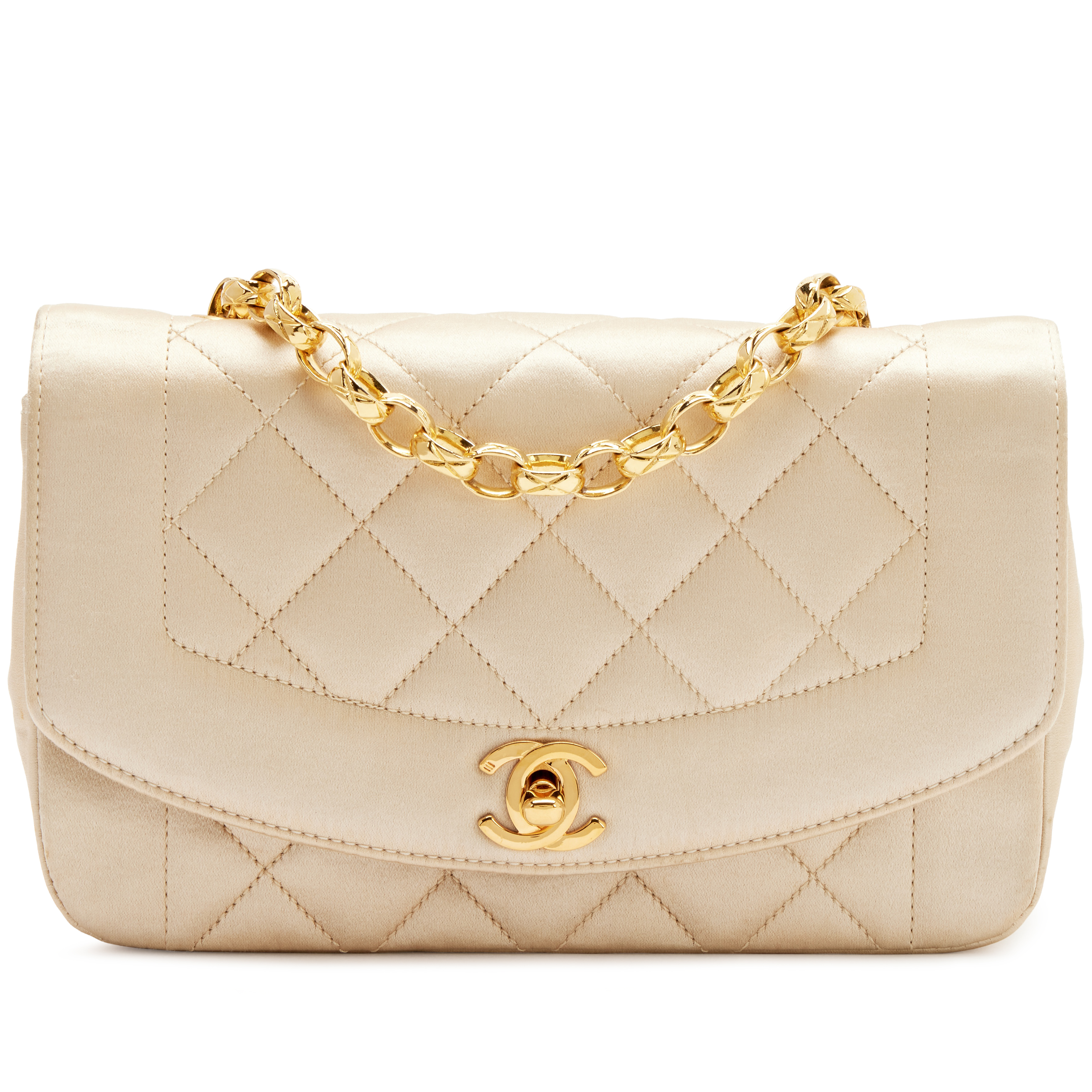 Chanel Vintage Vintage Ivory Quilted Satin Mini Diana Bijoux Chain
