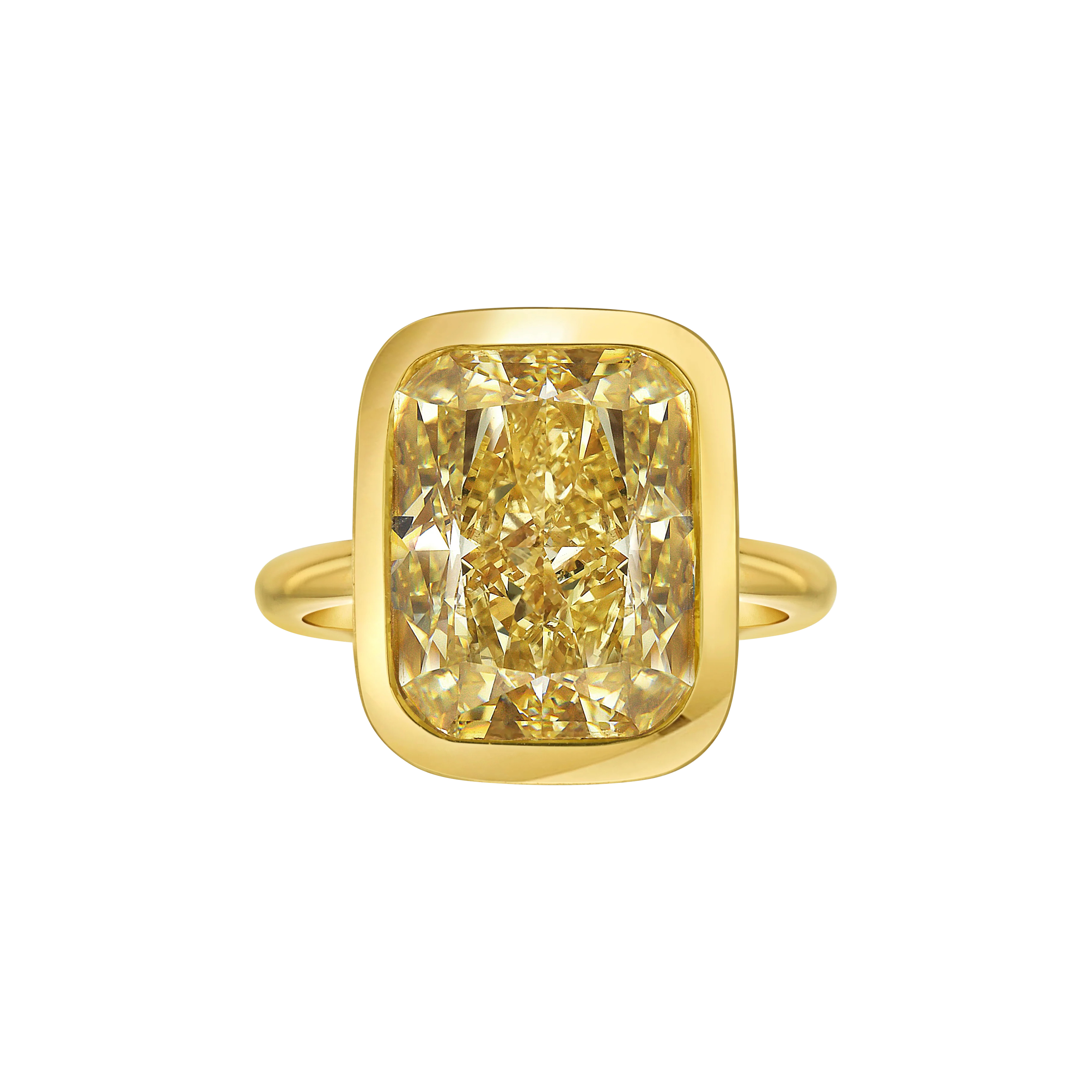 Gold And Cushion Cut Fancy Yellow Diamond Bezel Engagement