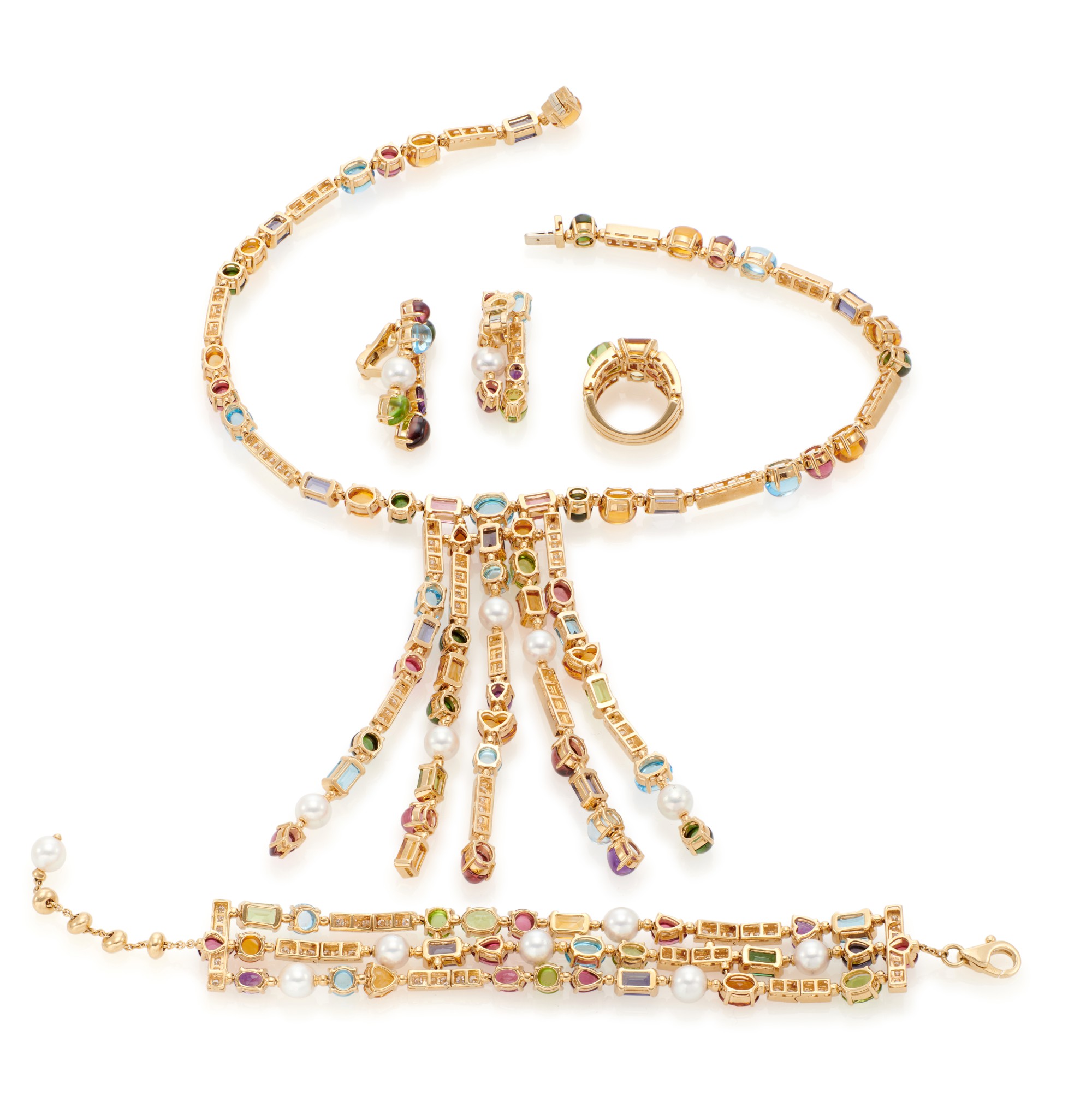 MULTICOLOUR GEMSET, CULTURED PEARL AND DIAMOND PARURE 'ALLEGRA