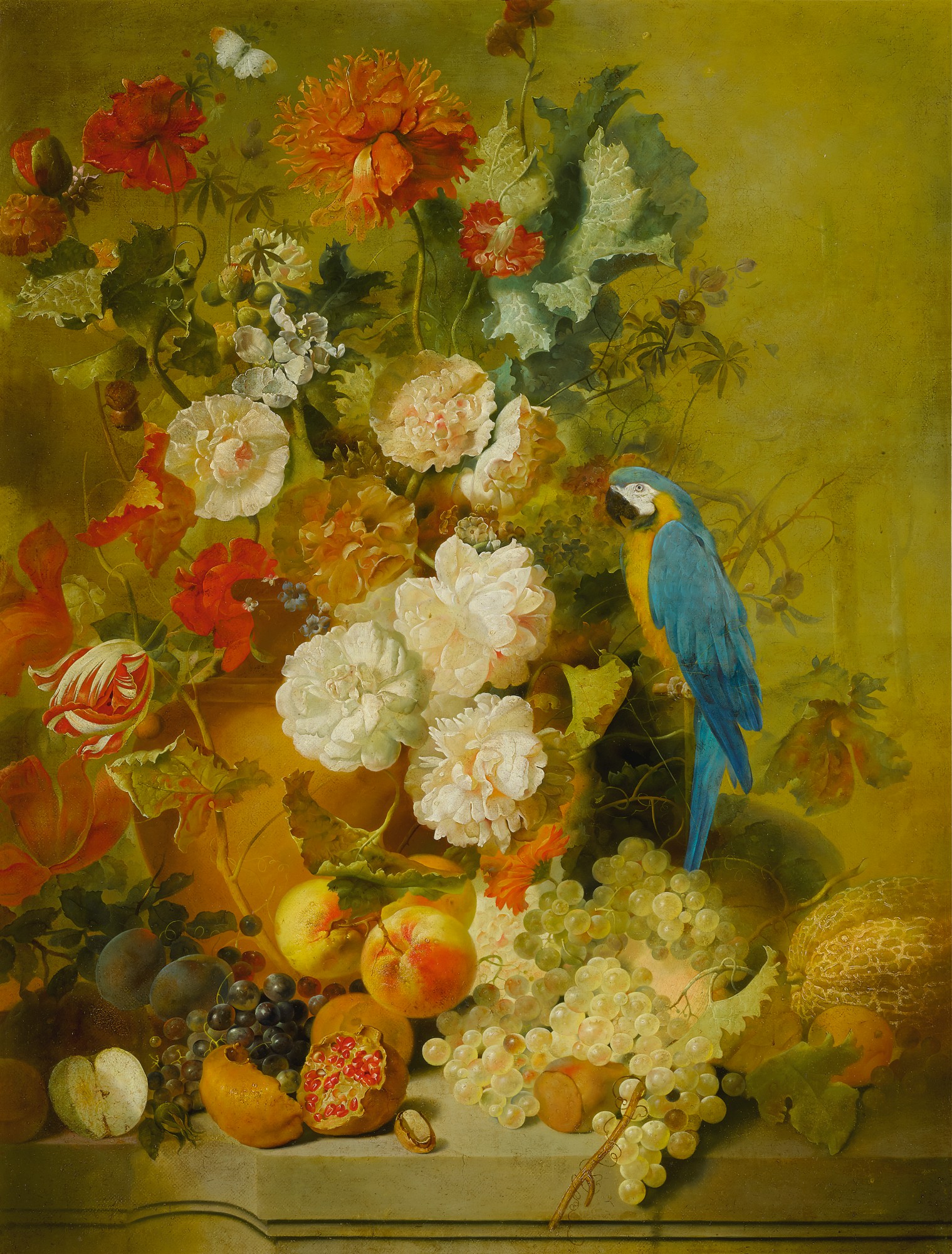 Still life of flowers and fruit on a ledge, with a blue and yellow ...