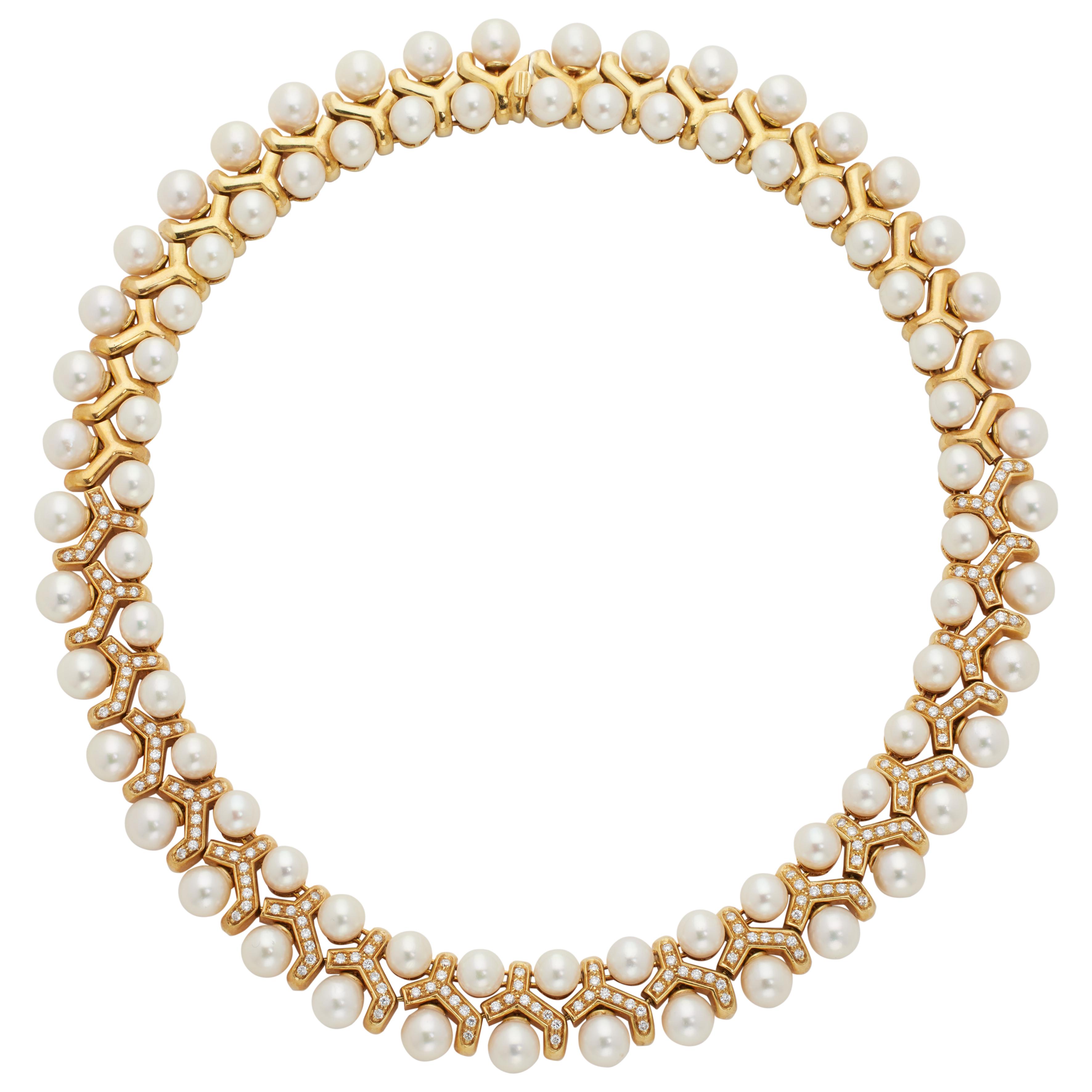 Vintage Vintage Gold, Cultured Pearl And Diamond Collar