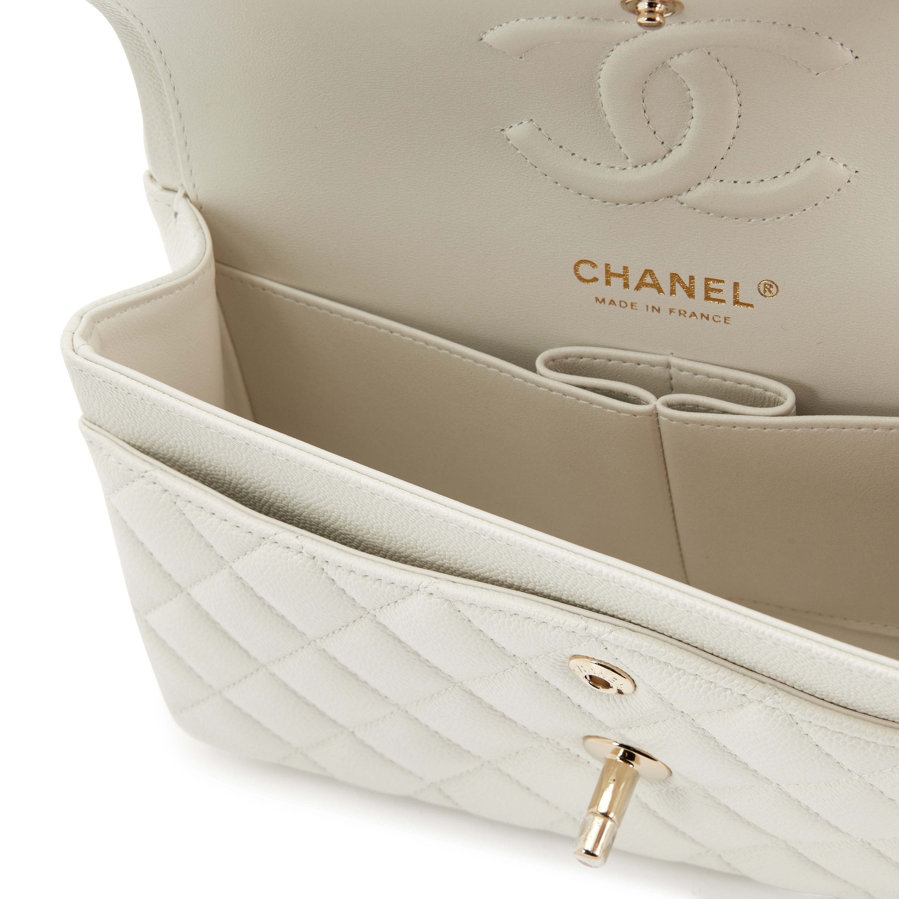 Chanel Cream White Quilted Caviar Small Classic Double Flap Bag