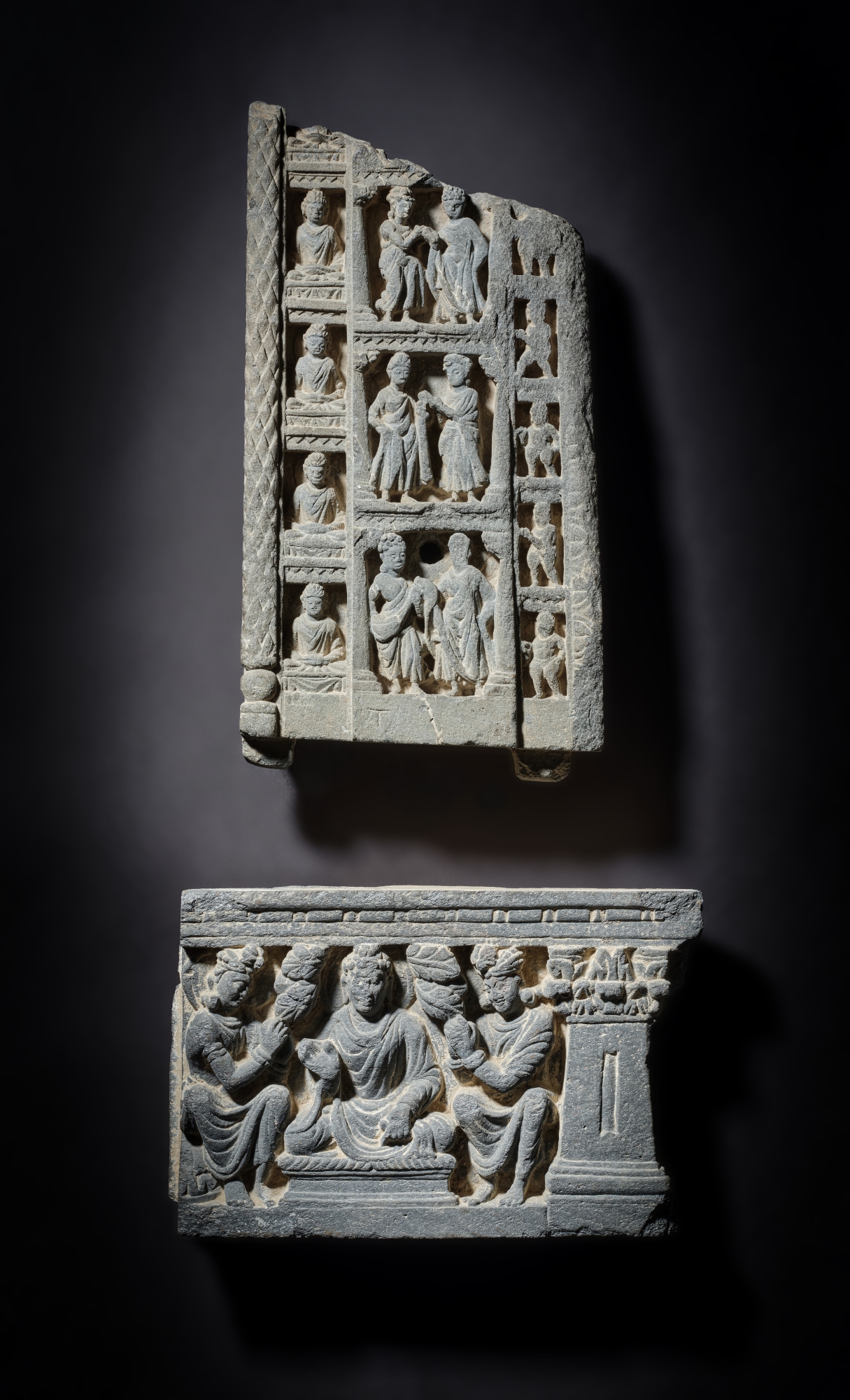 Two gray schist panels depicting Buddhist scenes, Ancient Region of ...