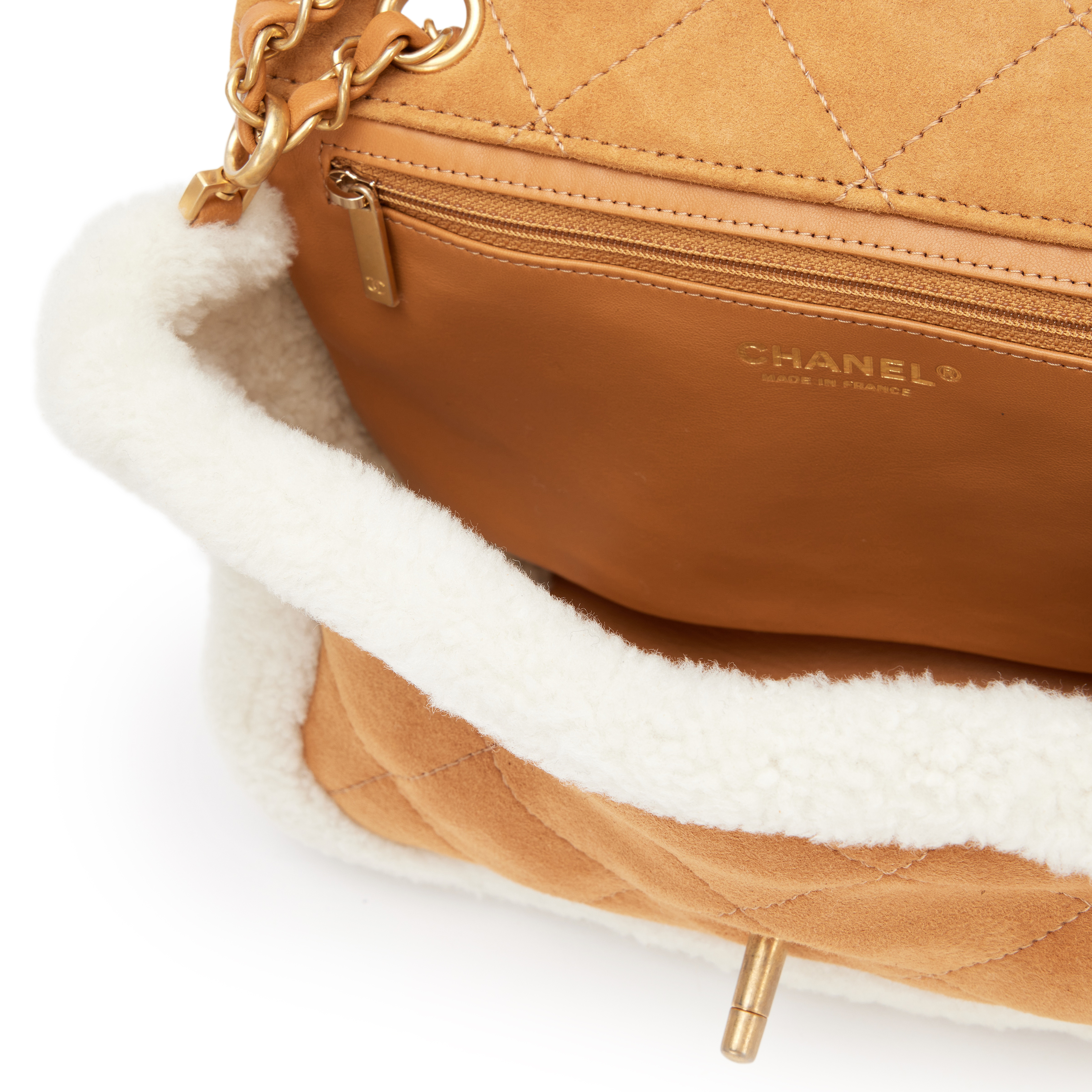 Chanel Camel Beige Quilted Shearling Suede Medium Coco Neige