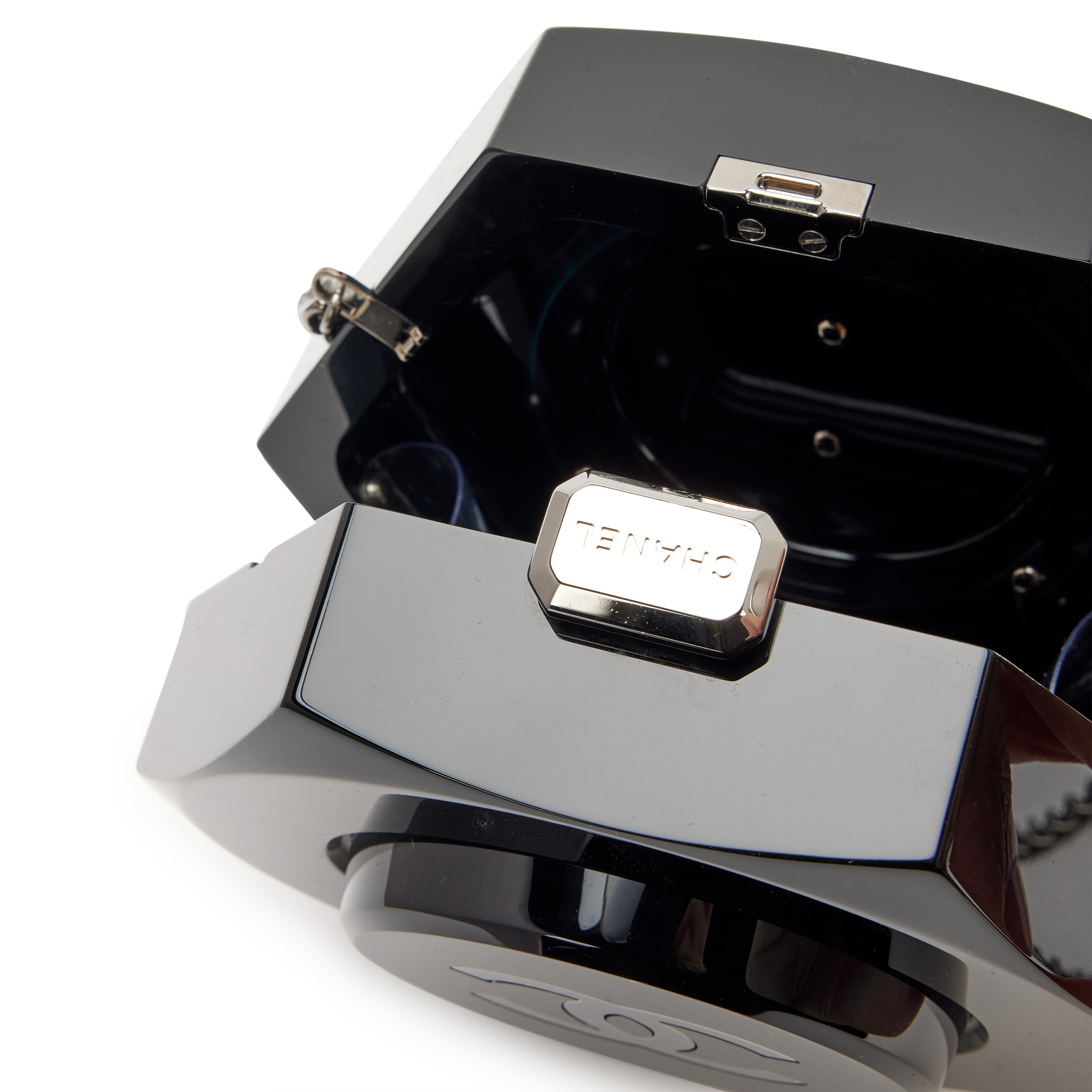 Chanel Black Plexiglass Octagon CC Minaudière Clutch Ruthenium