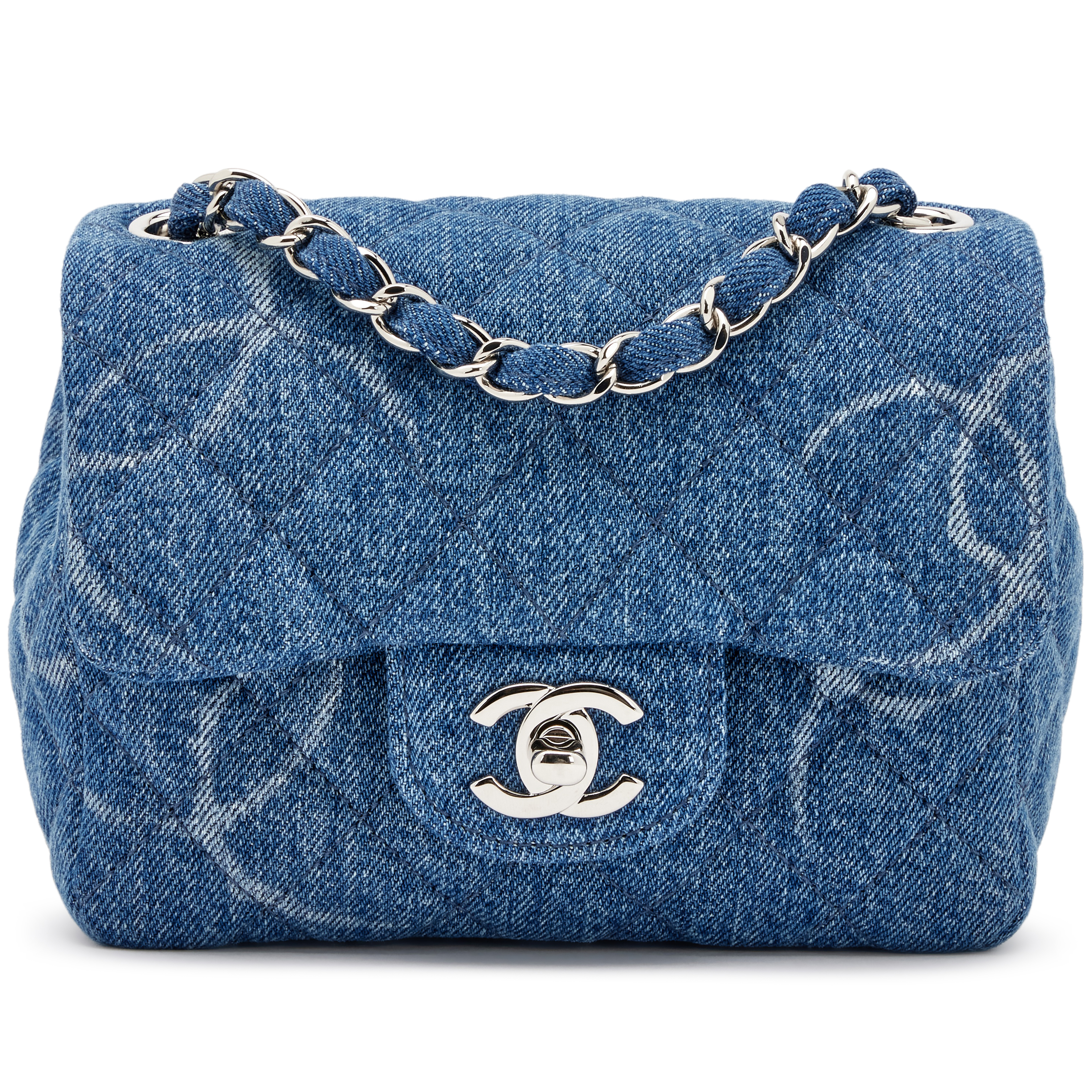 Chanel Blue Quilted Denim CC Print Mini Square Classic Single Flap