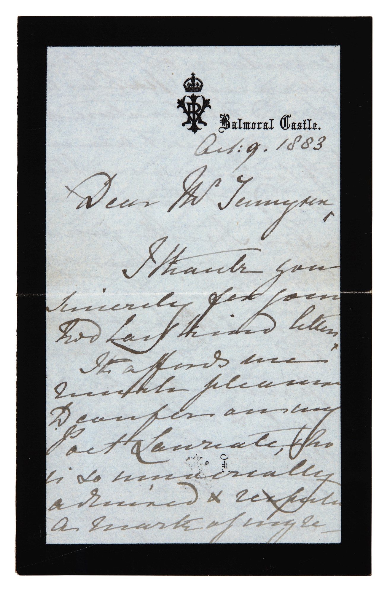 QUEEN VICTORIA autograph letter signed, to Tennyson, October 1883