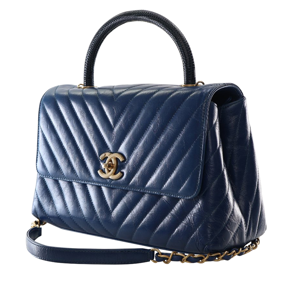 Chanel Blue Crinkled Calfskin And Lizard Medium Coco Top Handle