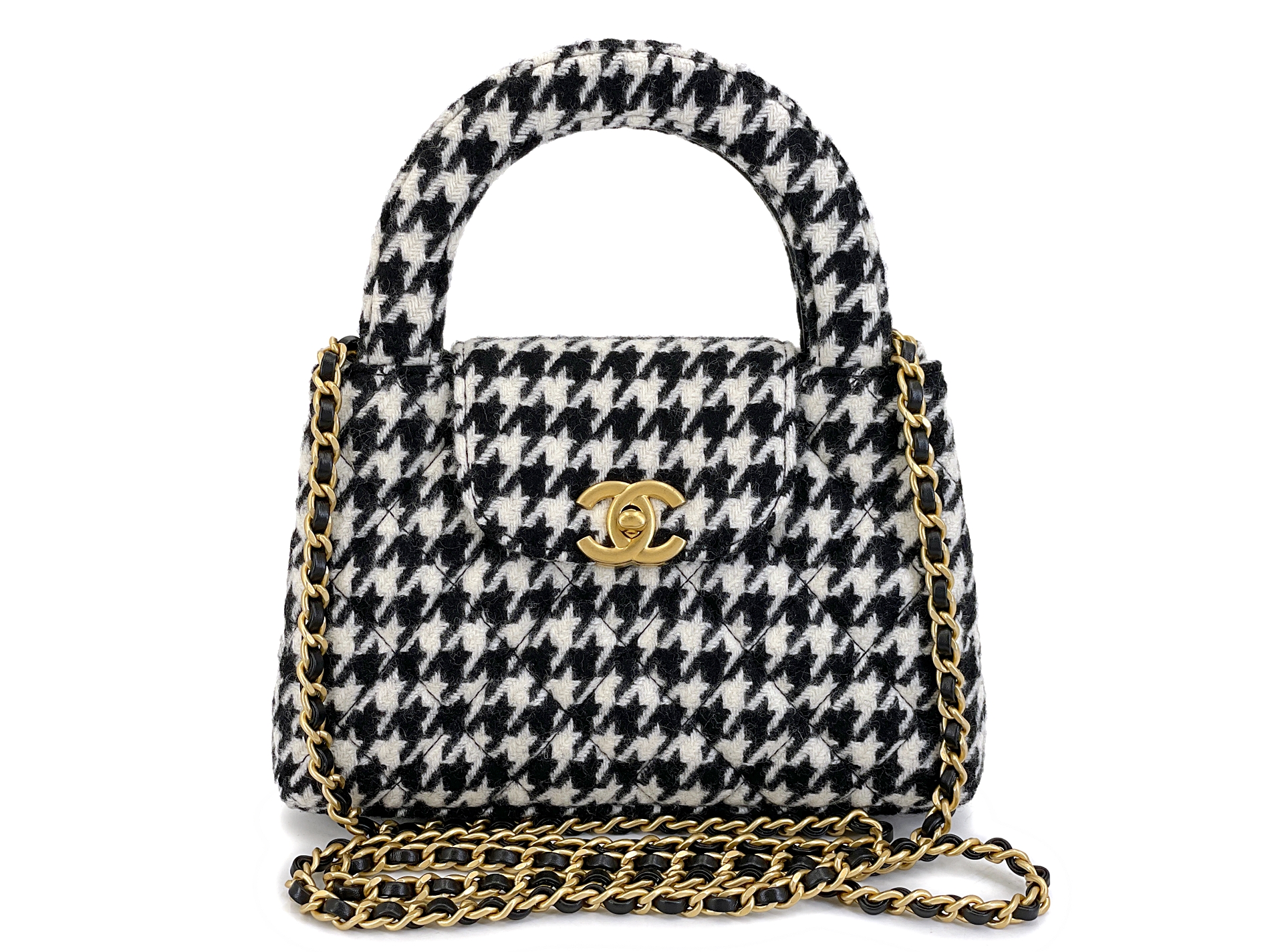 CHANEL ドット柄バングル　vintage Chanel Black And White Houndstooth Tweed Small Kelly Bag Aged Gold