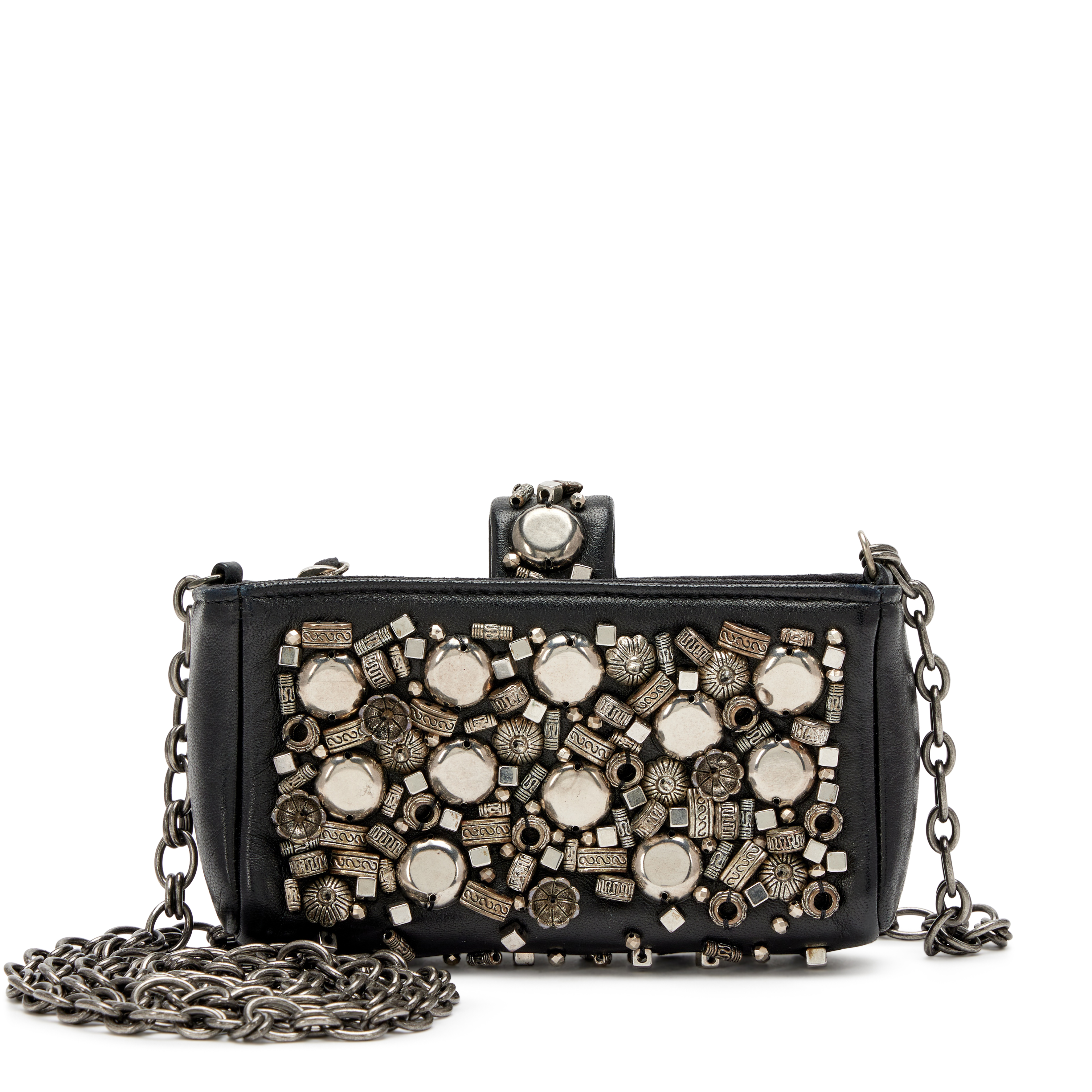 Chanel Black Lambskin And Silver Studded Paris-Bombay Mini Pouch