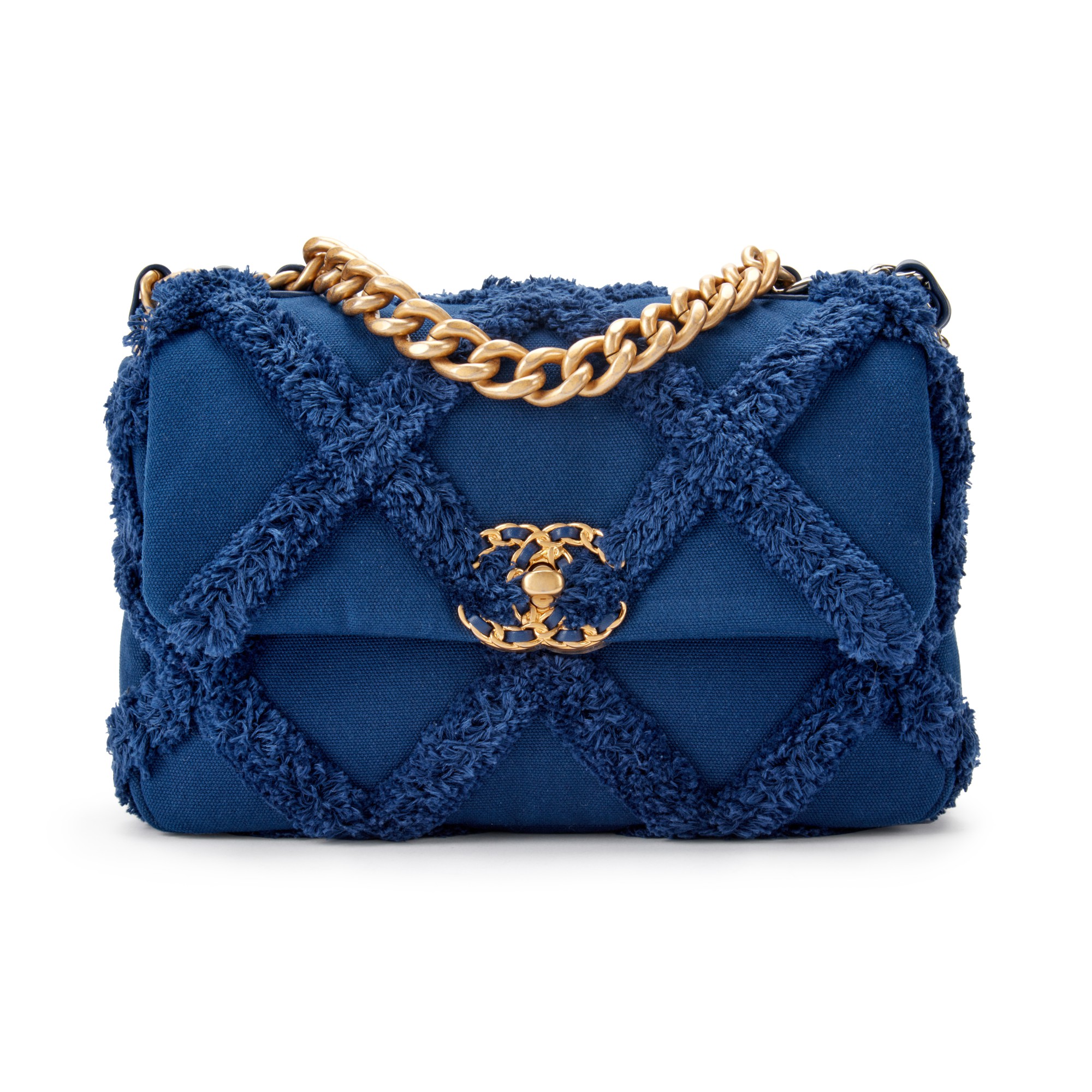 Chanel Navy Cotton Canvas 19 Flap Bag Gold And Silver Hardware