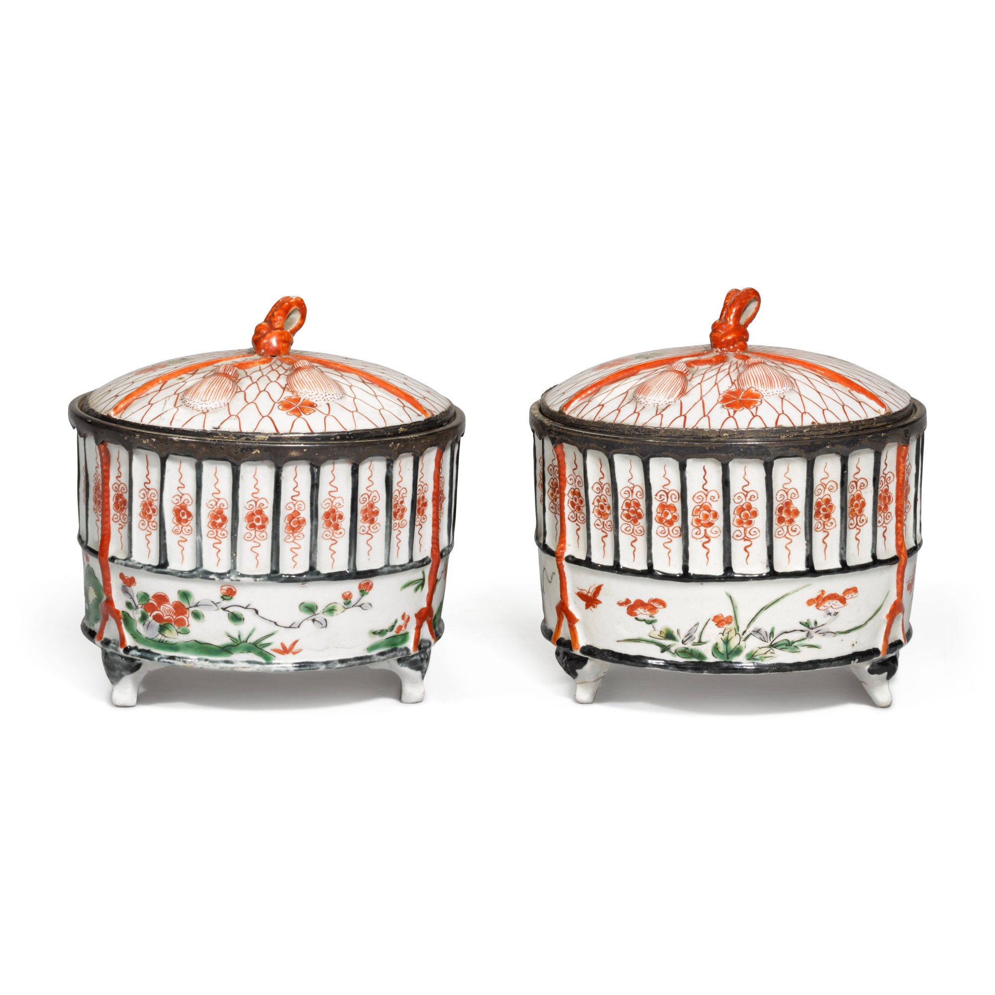 A pair of Kakiemonstyle cricket cages with silver mounts Edo period