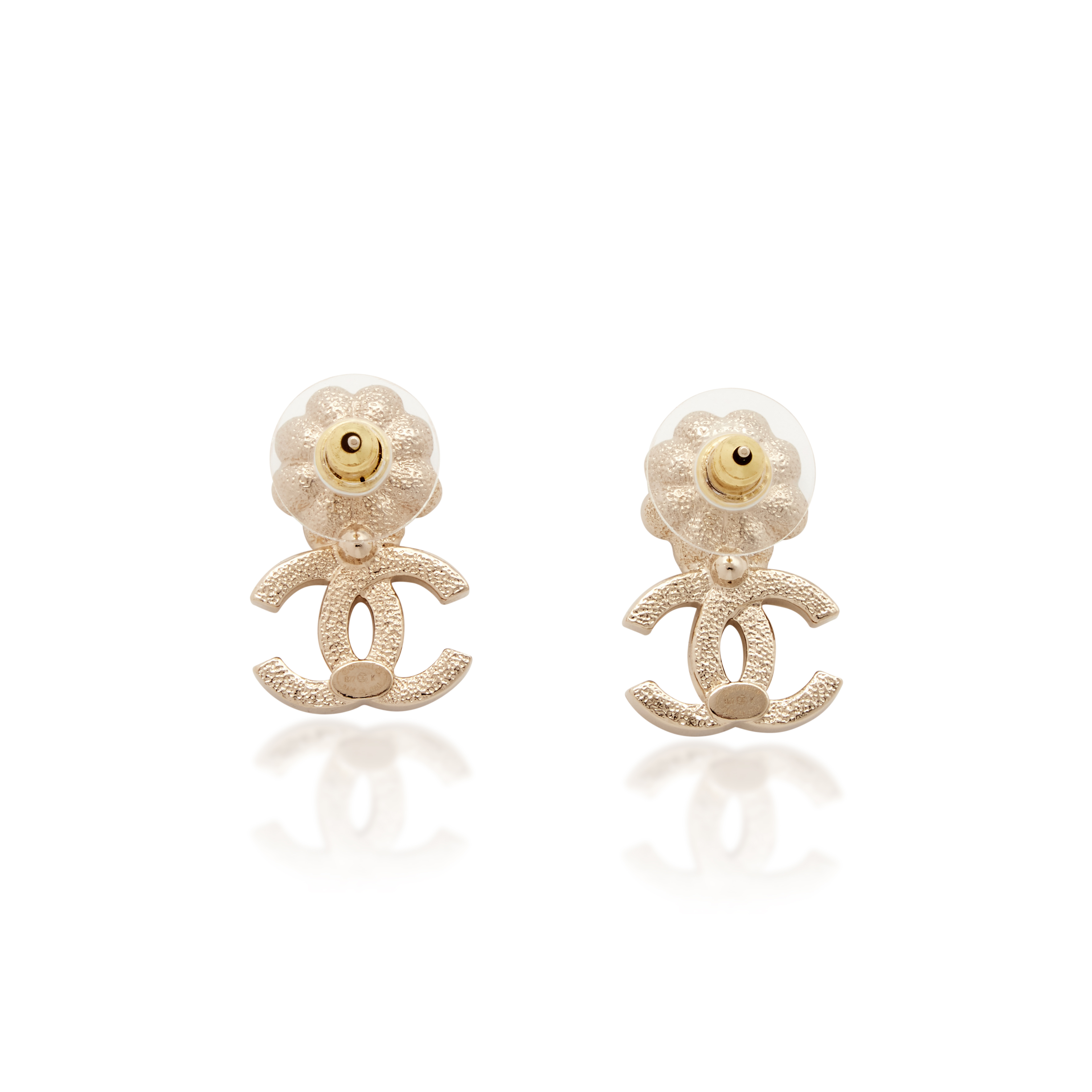 Chanel Metal With Faux Pearl And Crystal Flower CC Stud Earrings