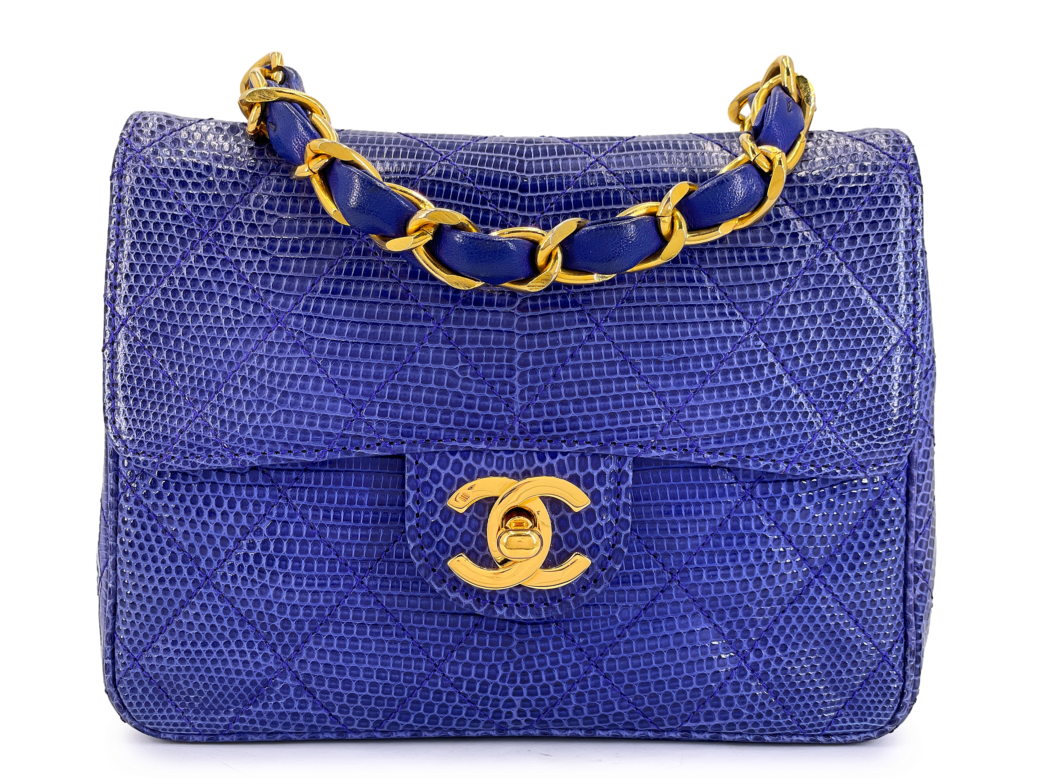 Chanel Vintage Royal Blue Lizard Square Mini Flap Bag Gold