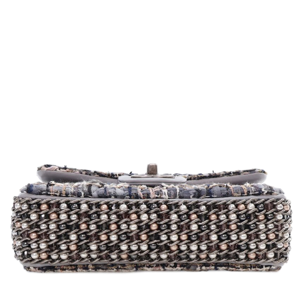 Chanel Grey Tweed River Of Pearls Mini Flap Bag Ruthenium Hardware