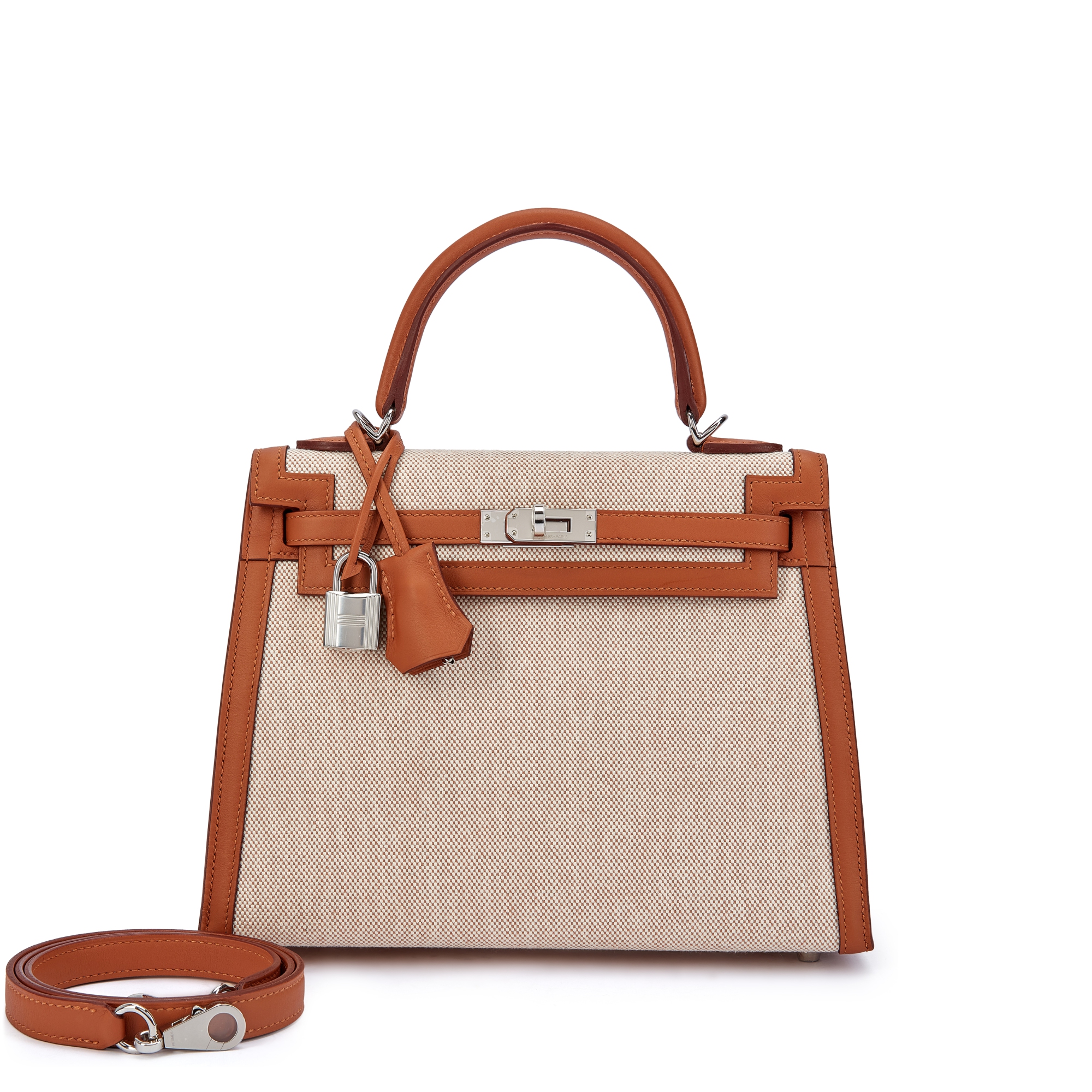 Hermès Gold Swift And Ecru Toile Quadrille Kelly 25 Sellier