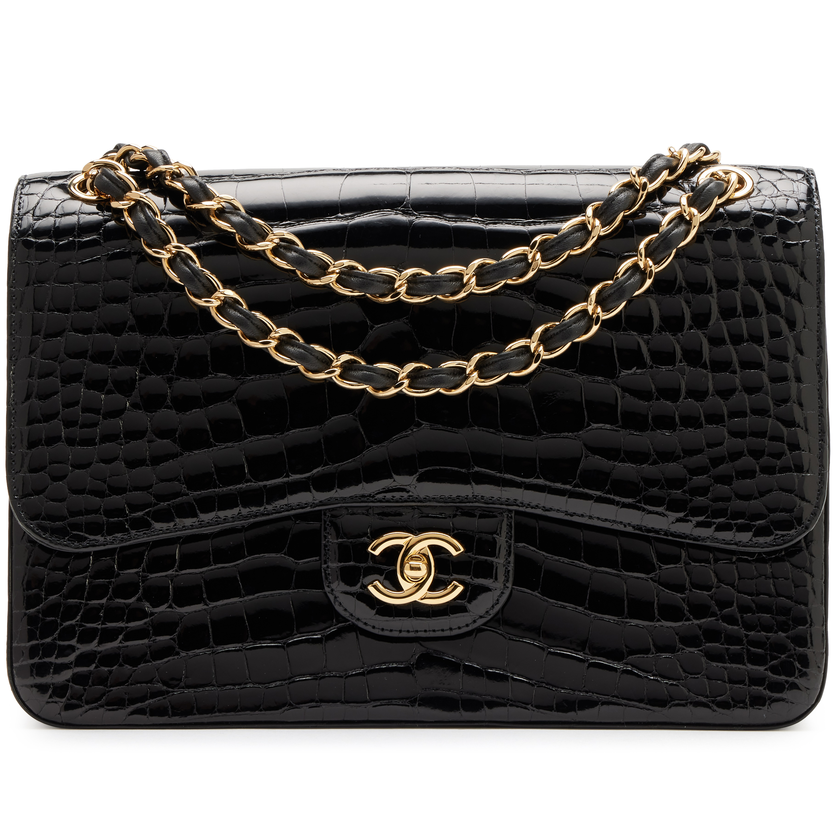 Chanel Black Alligator Jumbo Classic Double Flap Bag Gold Hardware