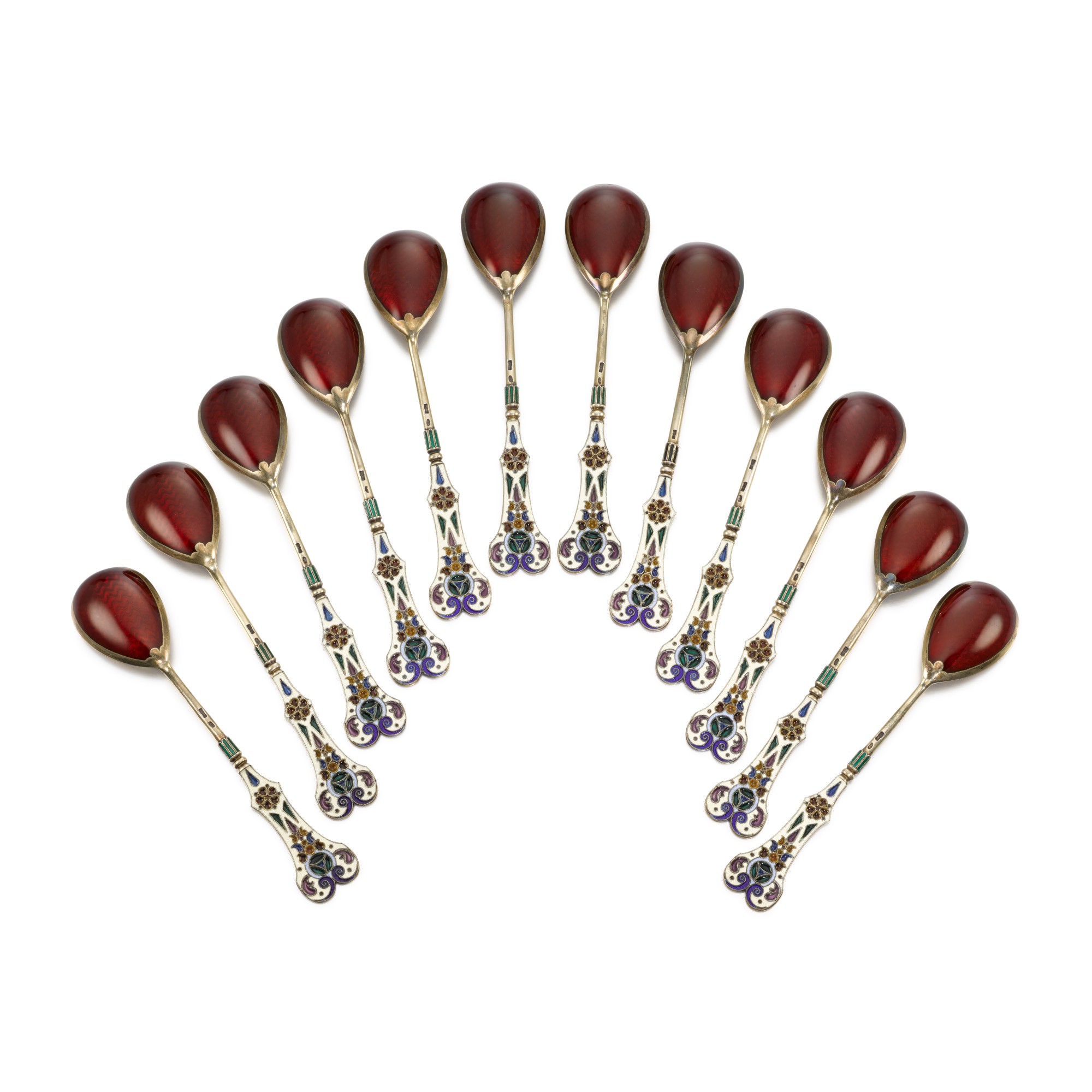 A set of twelve cloisonné and champlevé enamel silvergilt spoons, 11th
