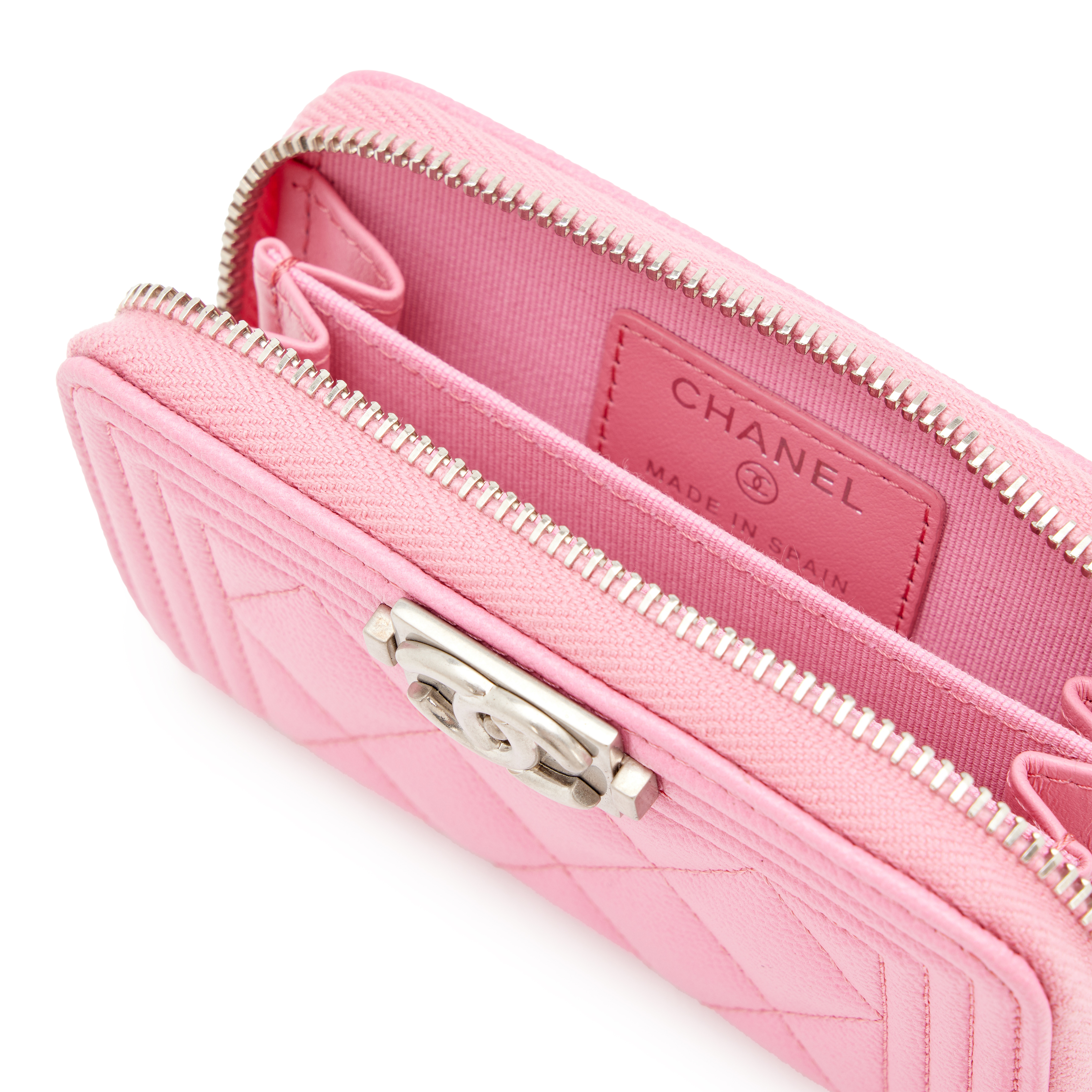 Chanel Pink Caviar Quilted Boy Zip Around Coin Purse Wallet
