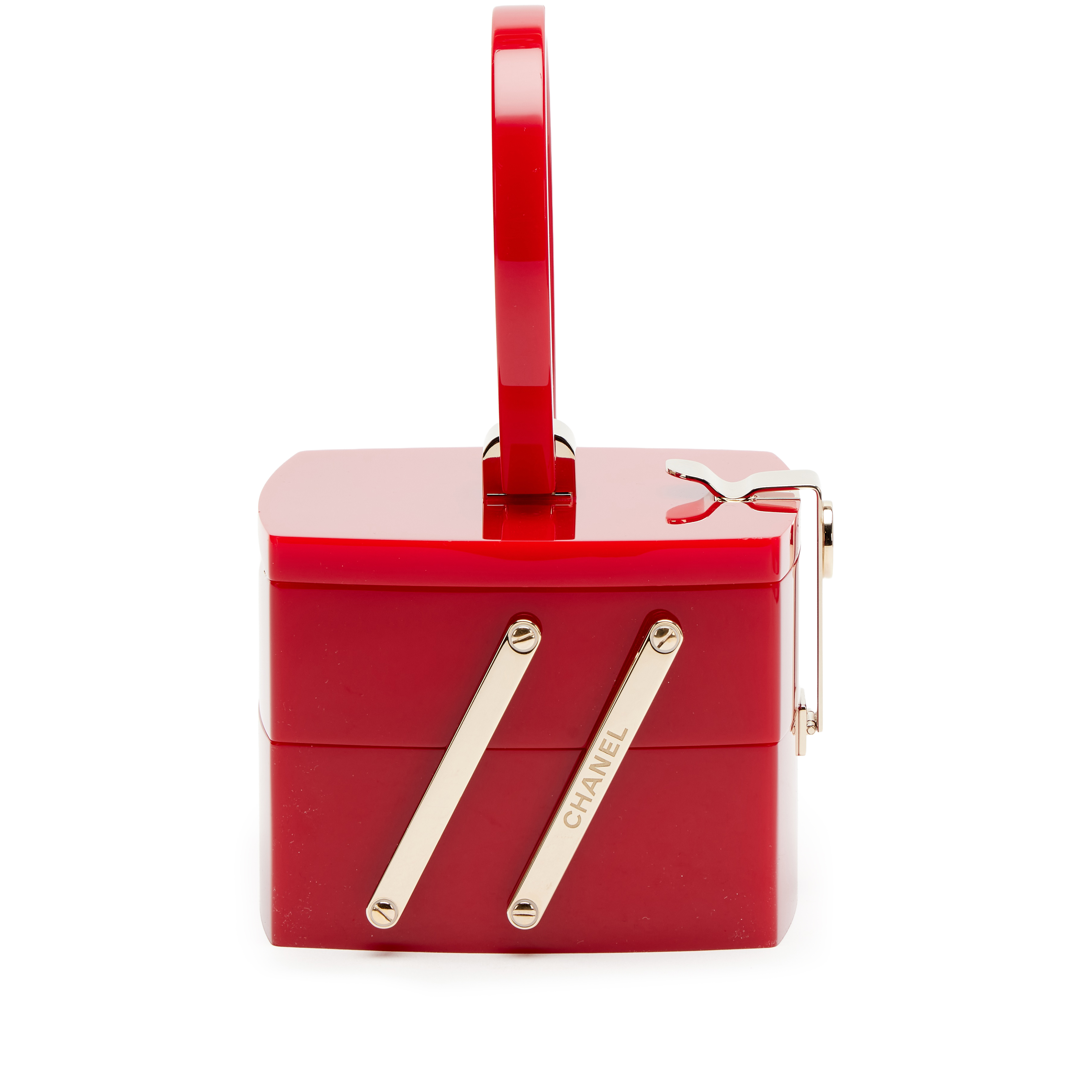 Chanel Red Plexiglass Vanity Case Mirror Top Handle Minaudière