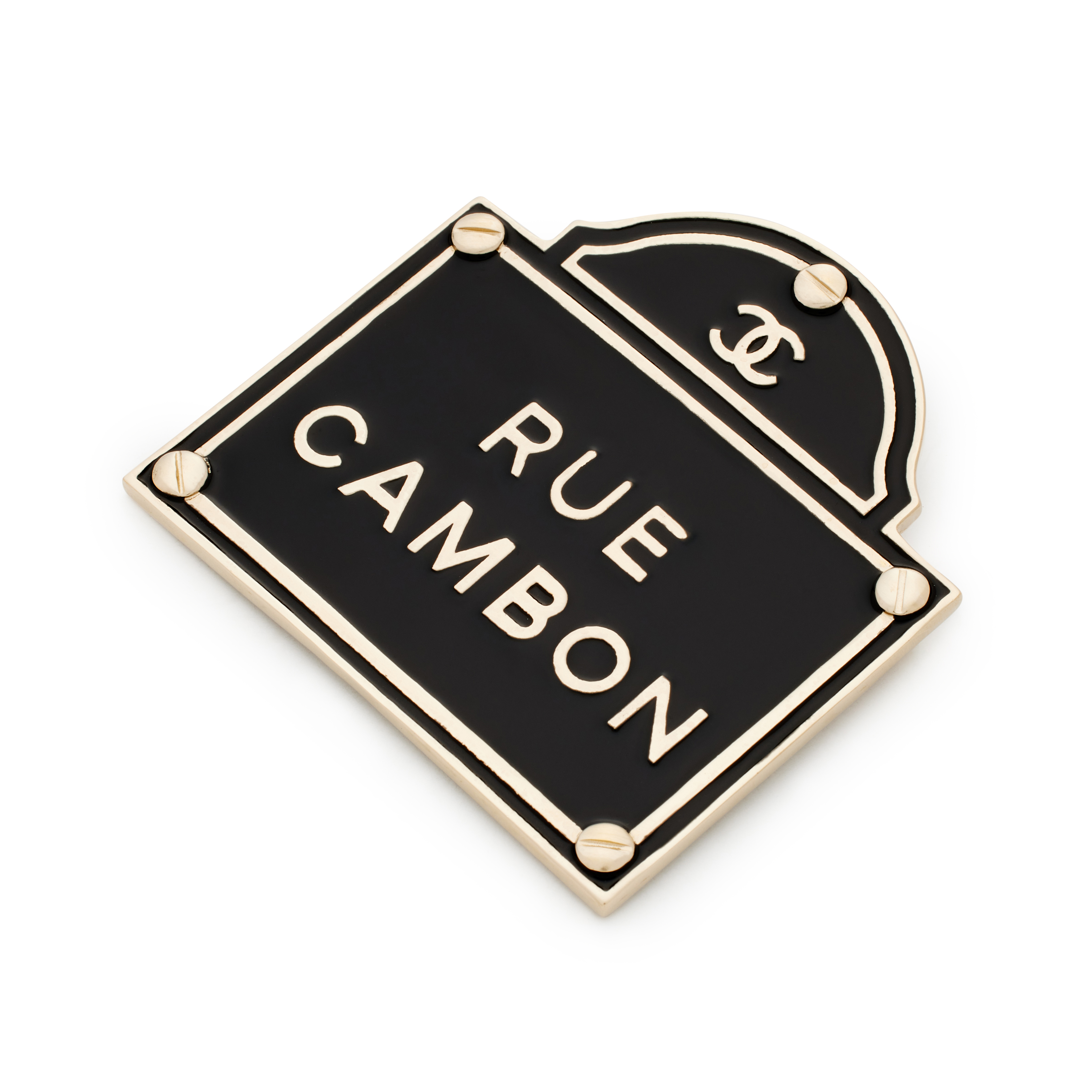 【CHANEL】RUE CAMBON BROOCH カンボン ブローチ Chanel Gold Metal, Black Enamel CC Rue Cambon Place Coco