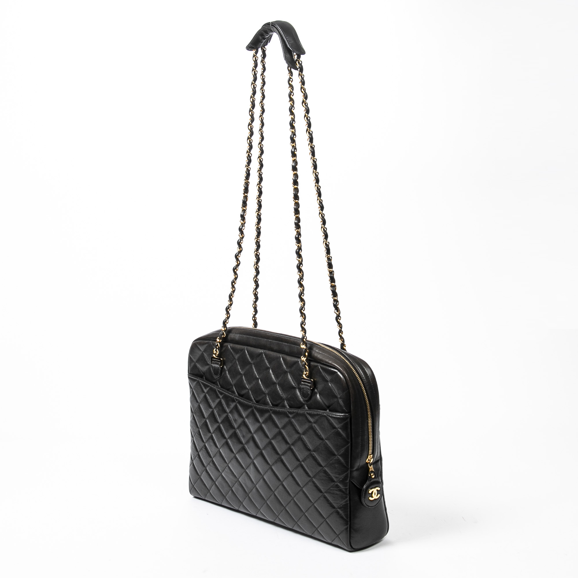 Black Front Pocket Shoulder Bag in Quilted Leather with Gold Hardware