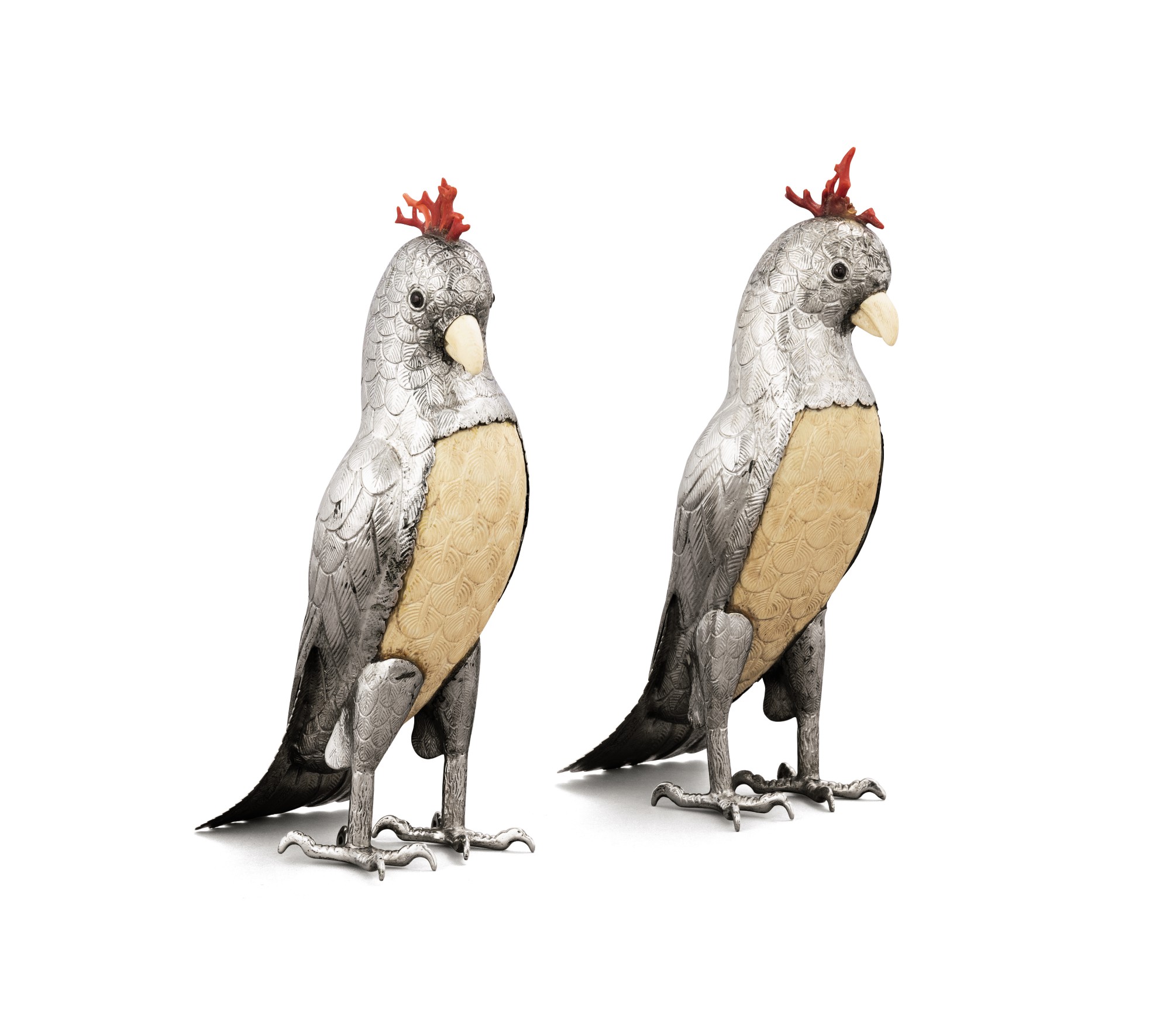 A pair of Portuguese silver, horn and coral cockatoos, Luiz Ferreira