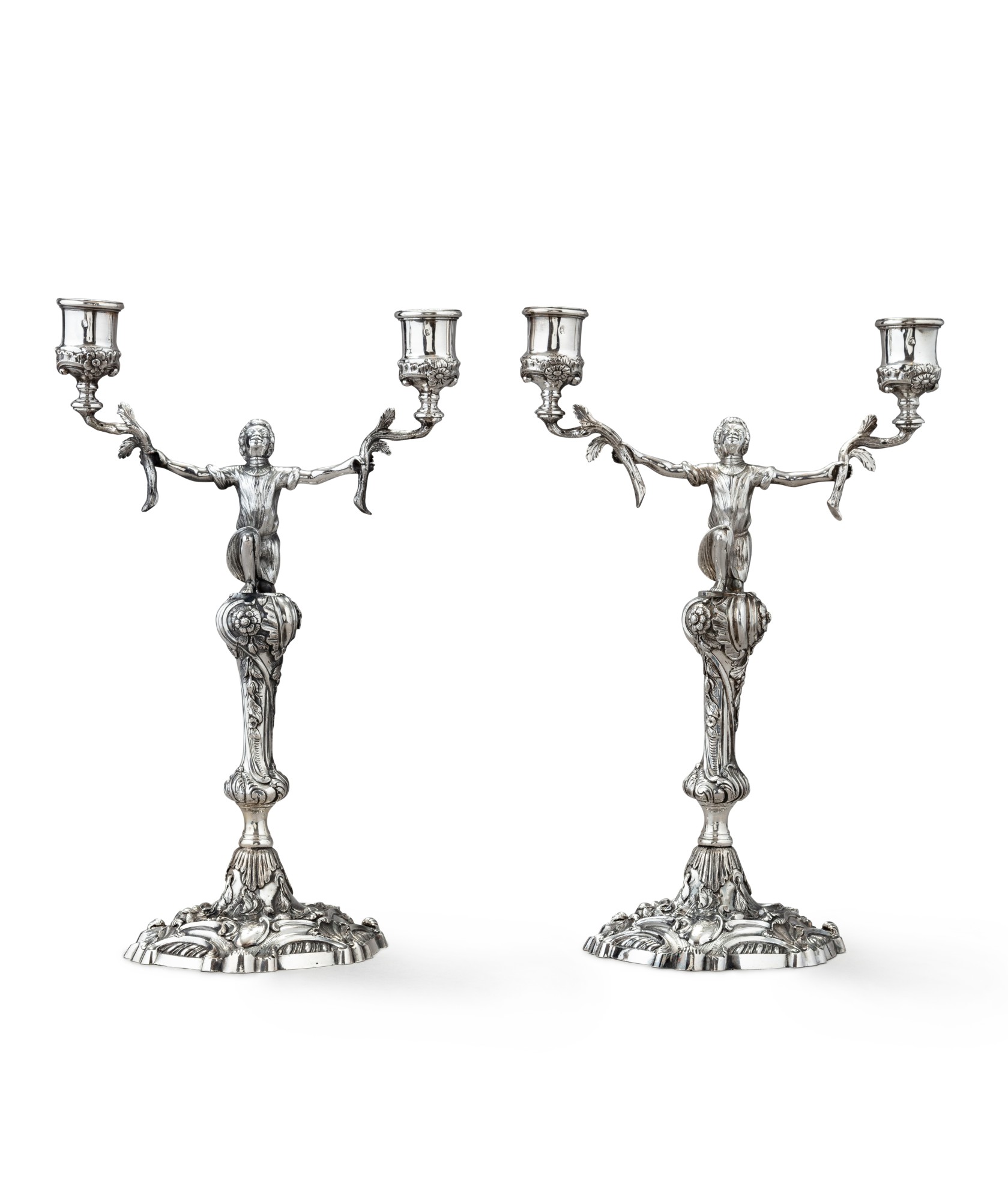 A pair of Irish silver twolight candelabra with slave motifs, John