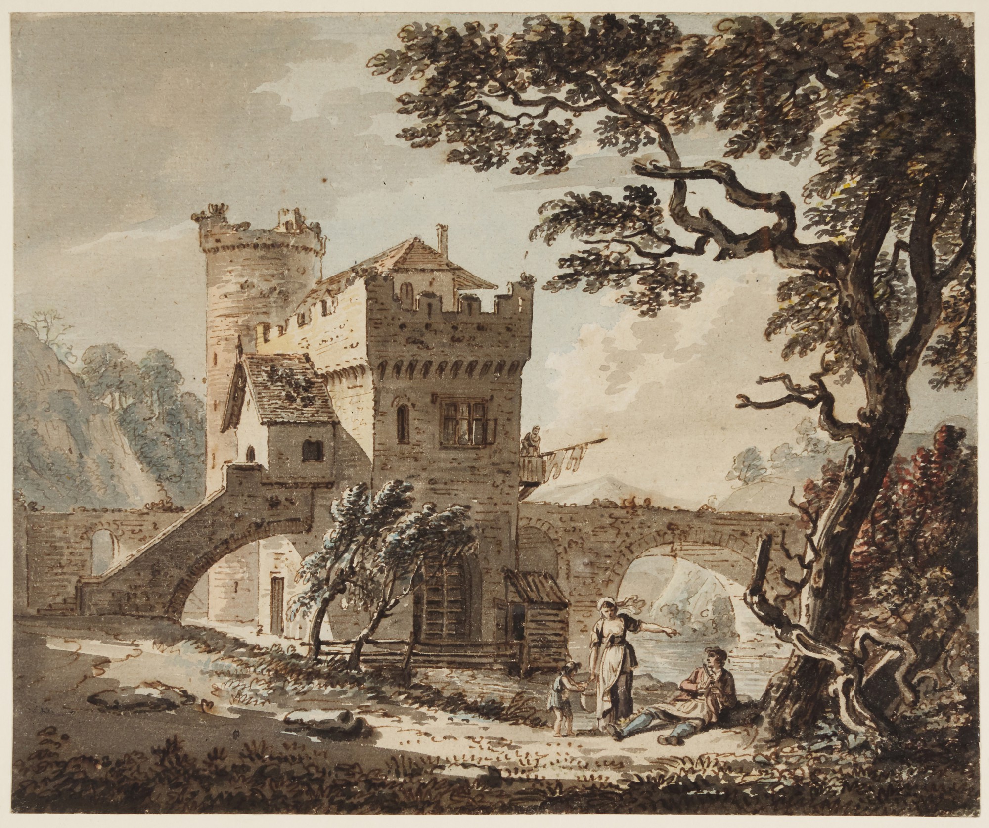 PAUL SANDBY, R.A. | A fortified bridge in a river landscape