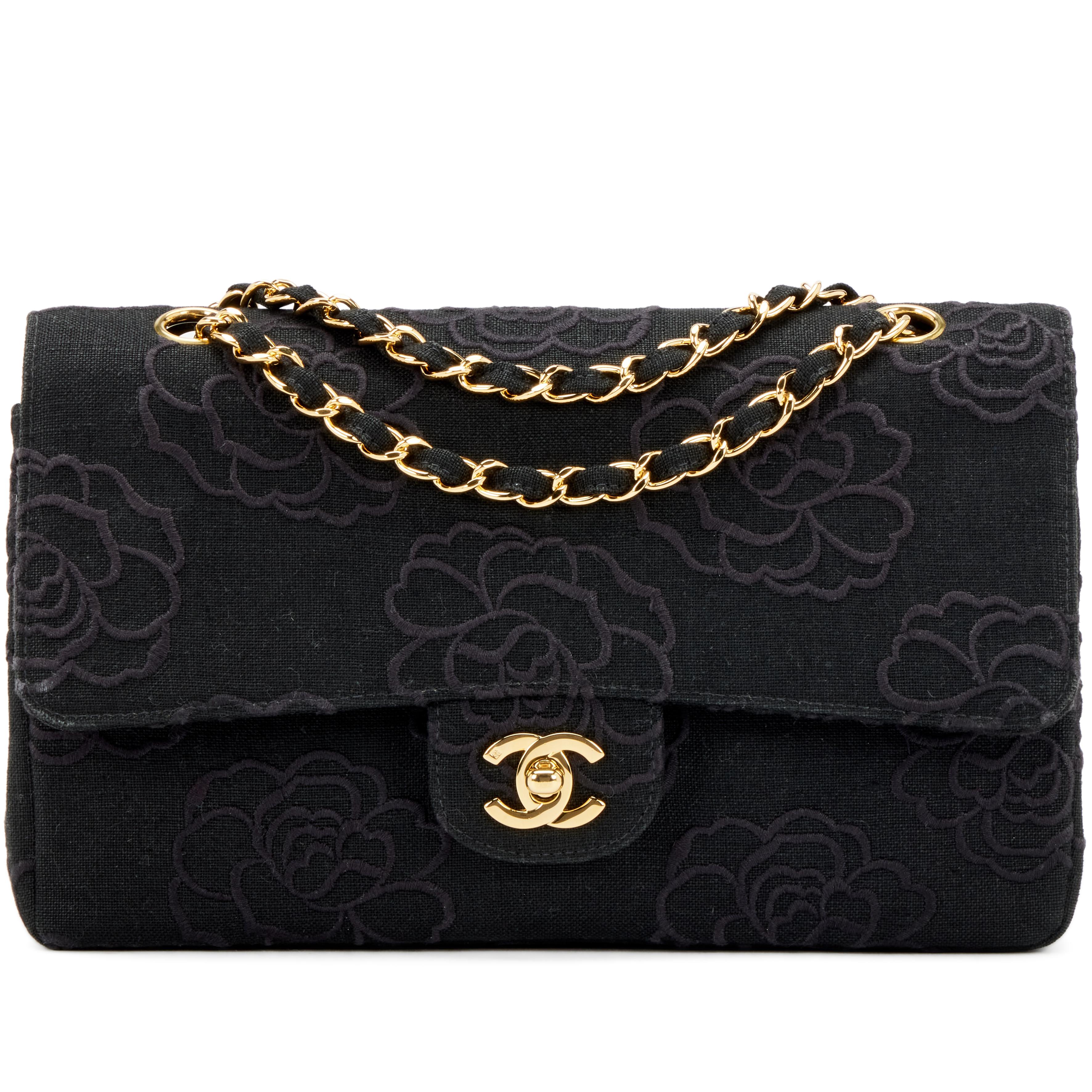 Chanel Vintage Black Camellia Embroidered Medium Linen 