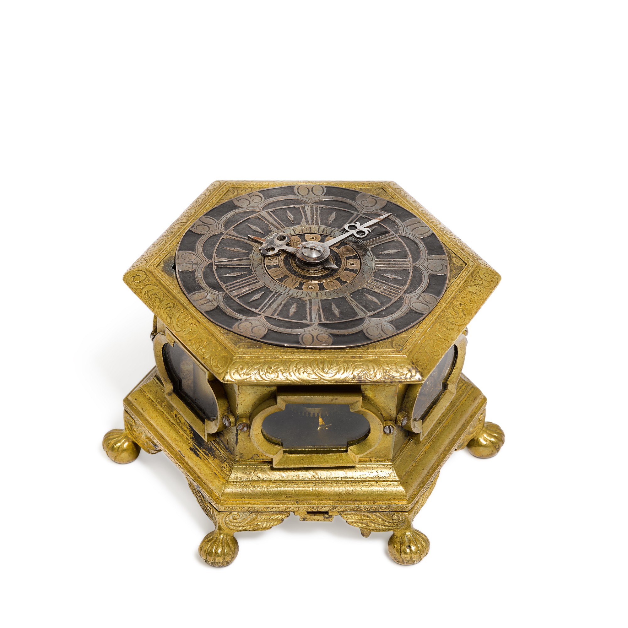 A brass horizontal table clock with alarm, Johan Gottfried Kriedel, German, dated 1760