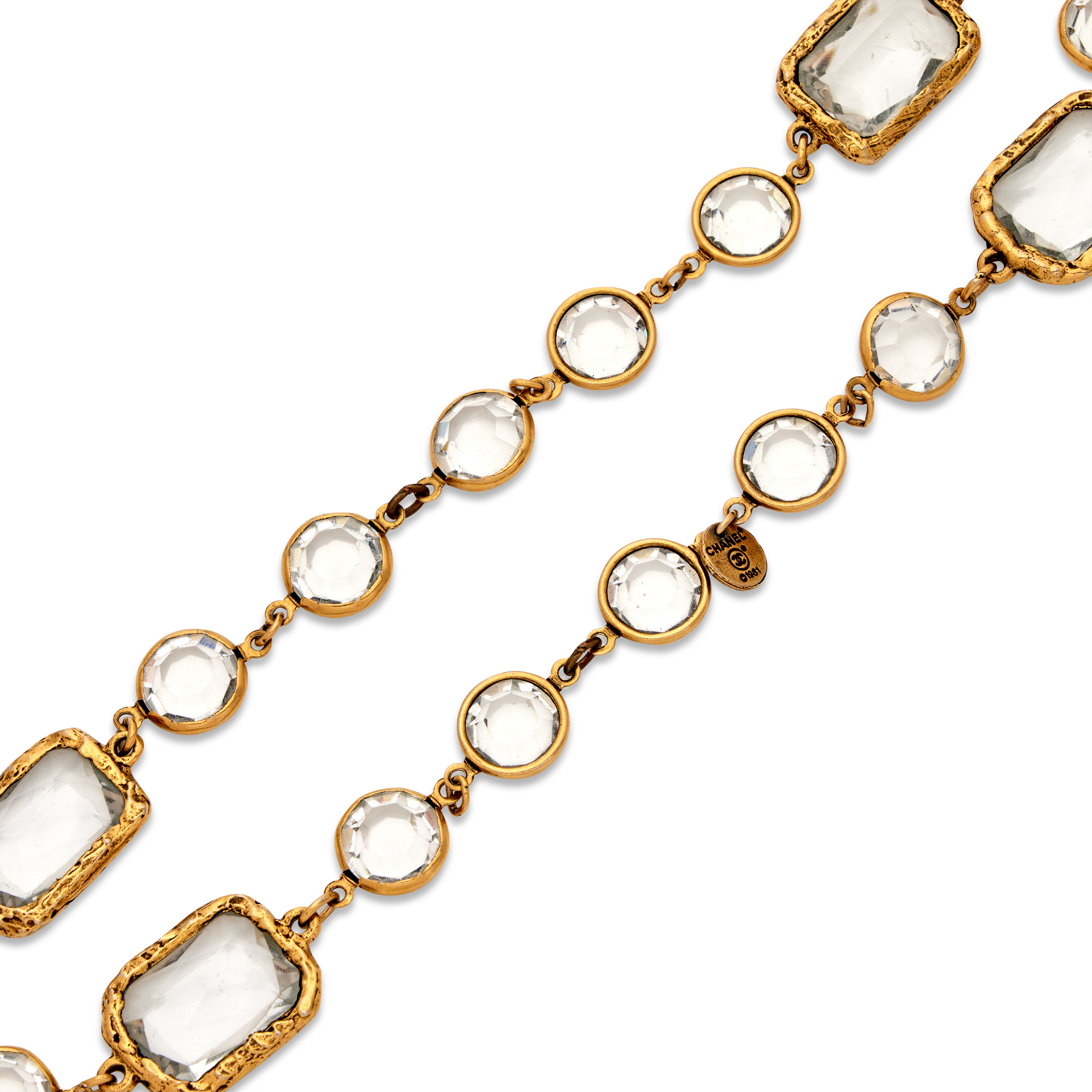 Chanel Gold And Clear Crystal Chiclet Chain Sautoir Necklace, 1981