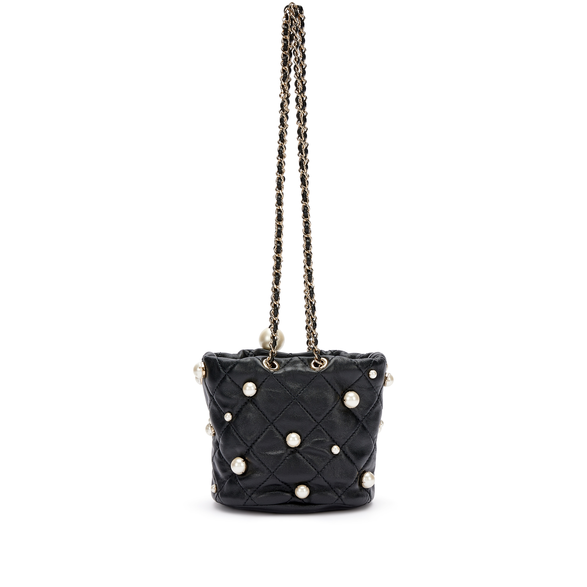 Chanel Black Quilted Caviar Micro Drawstring Bucket Bag with Chain Gold Hardware, 2021 (Very Good)