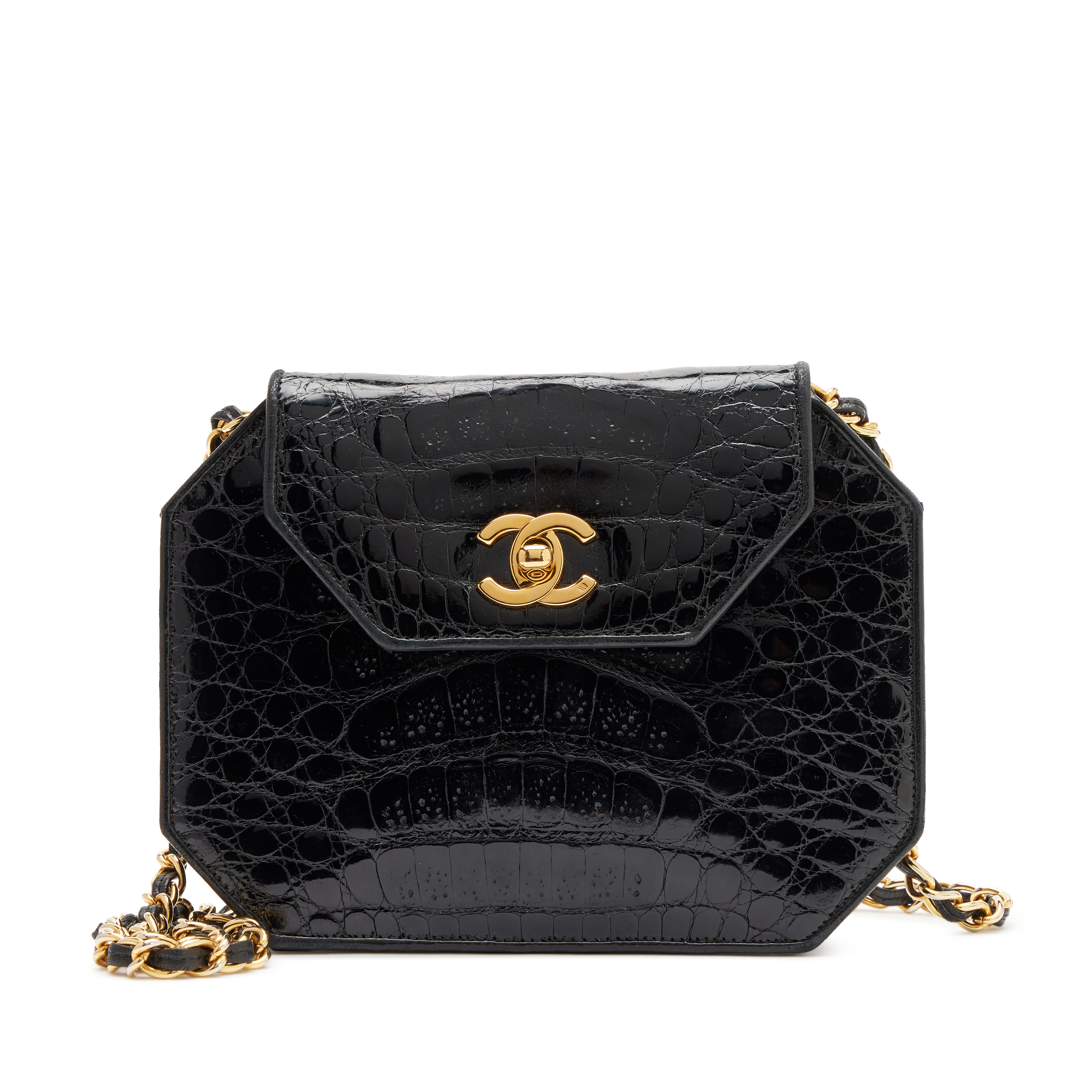 Chanel Vintage Vintage Black Crocodile Octagon Flap Bag Gold