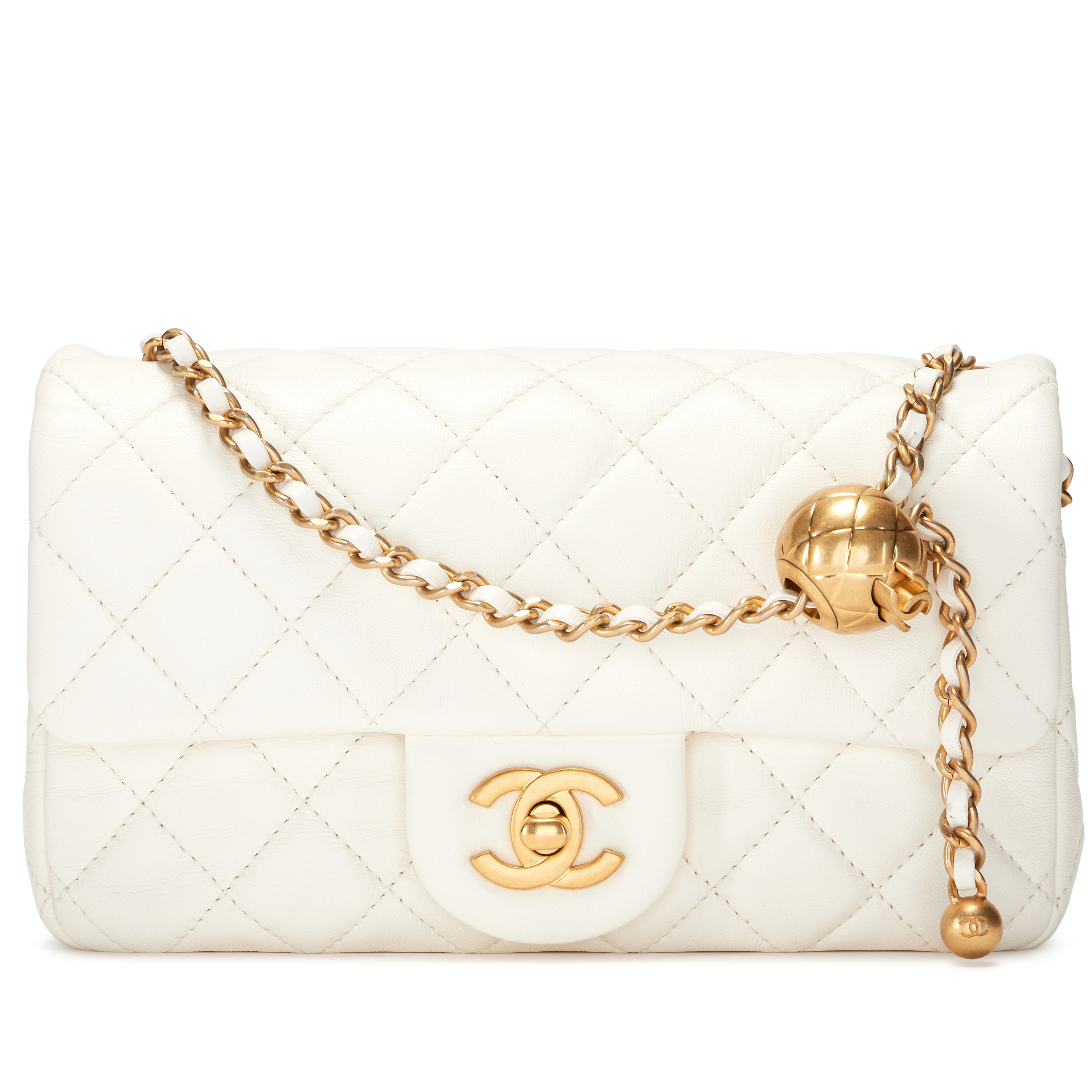 Chanel White Quilted Lambskin Pearl Crush Mini Rectangular Flap