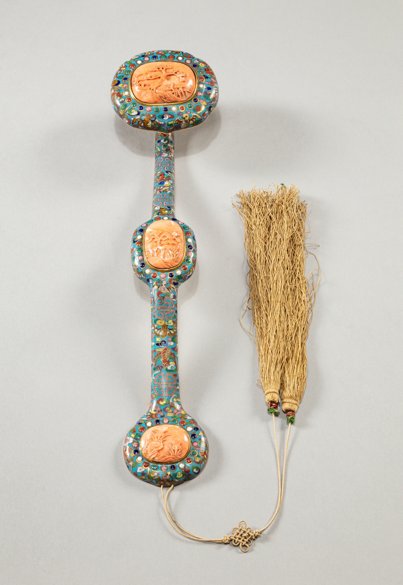 A coral inlaid cloisonné enamel ruyi sceptre, Qing dynasty, 18th-19th ...