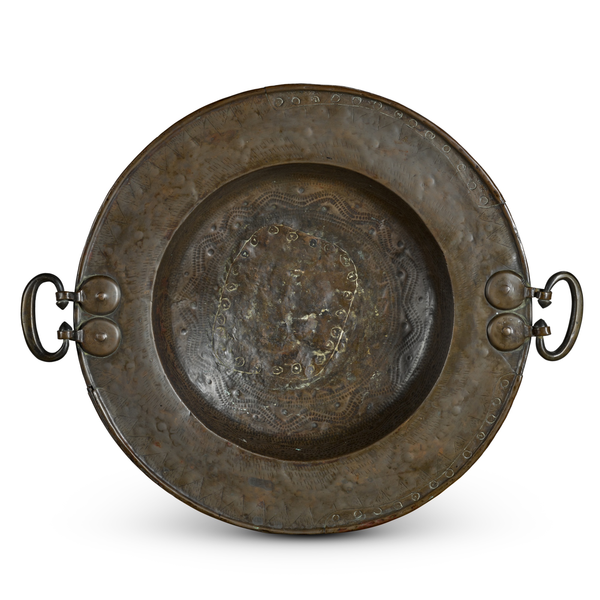 A large hammered brass twinhandled brazier, 17th century, possibly
